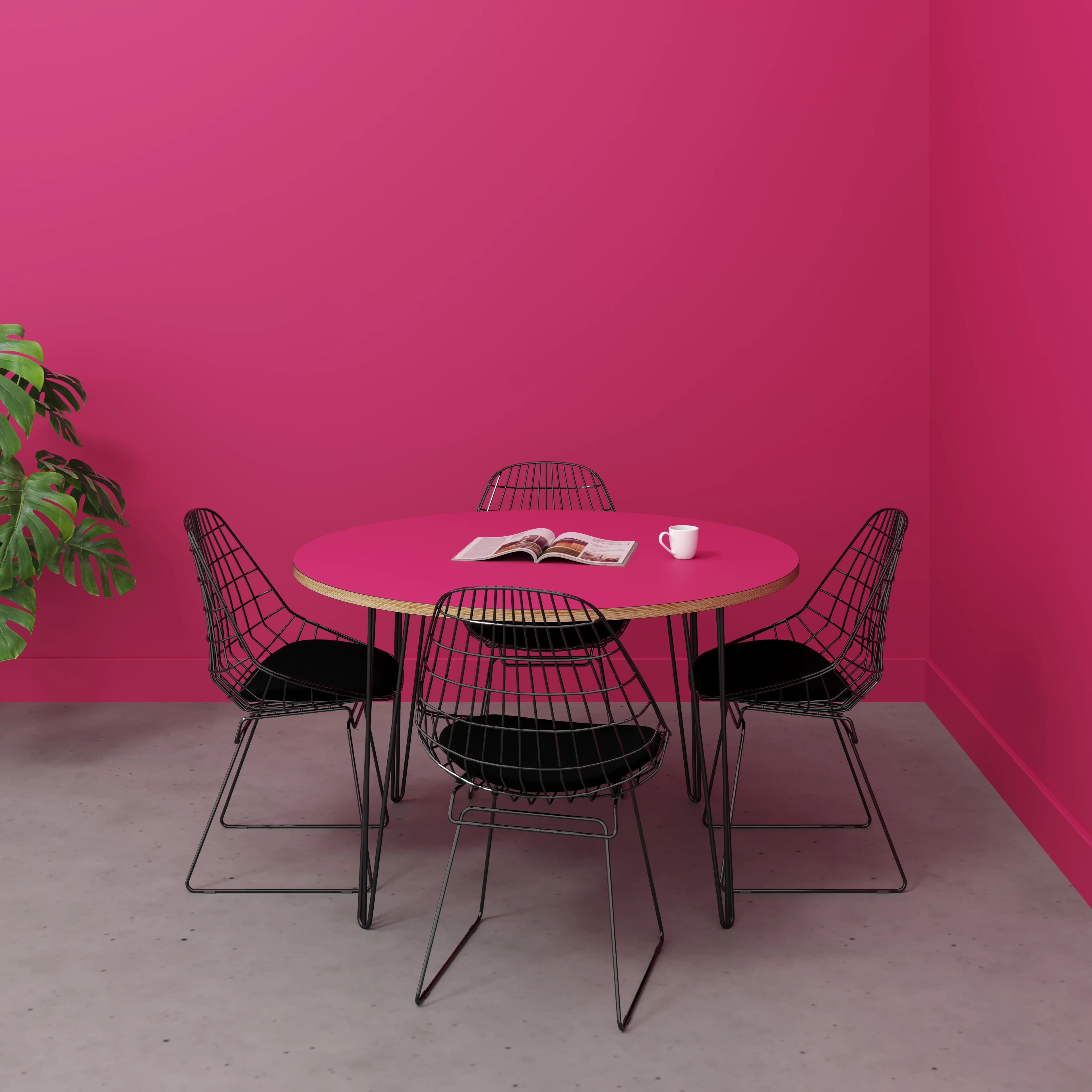 Plywood Round Table with Black Hairpin Legs - Formica Juicy Pink - 1200(dia) x 735(h) - Image 2