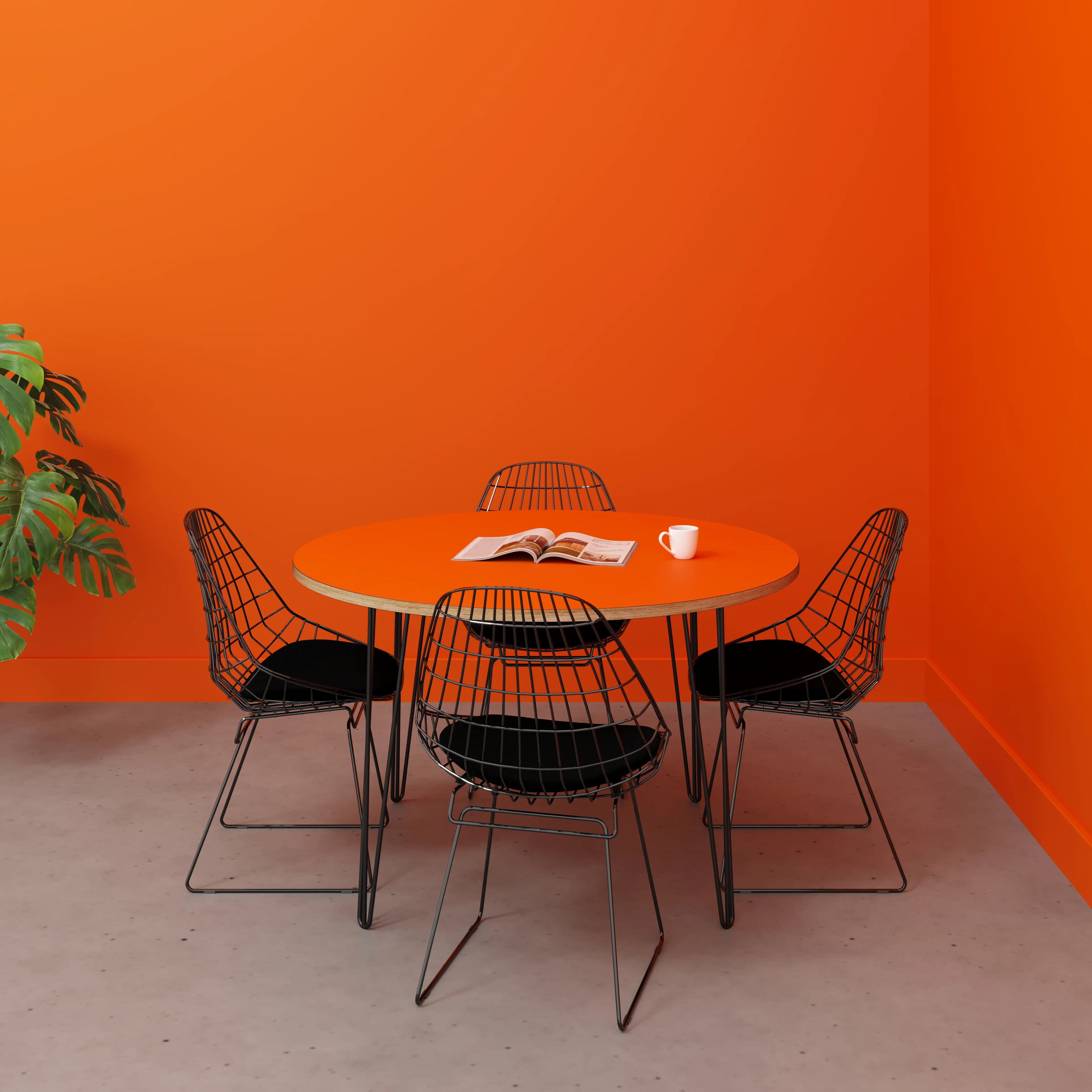 Plywood Round Table with Black Hairpin Legs - Formica Levante Orange - 1200(dia) x 735(h) - Image 2