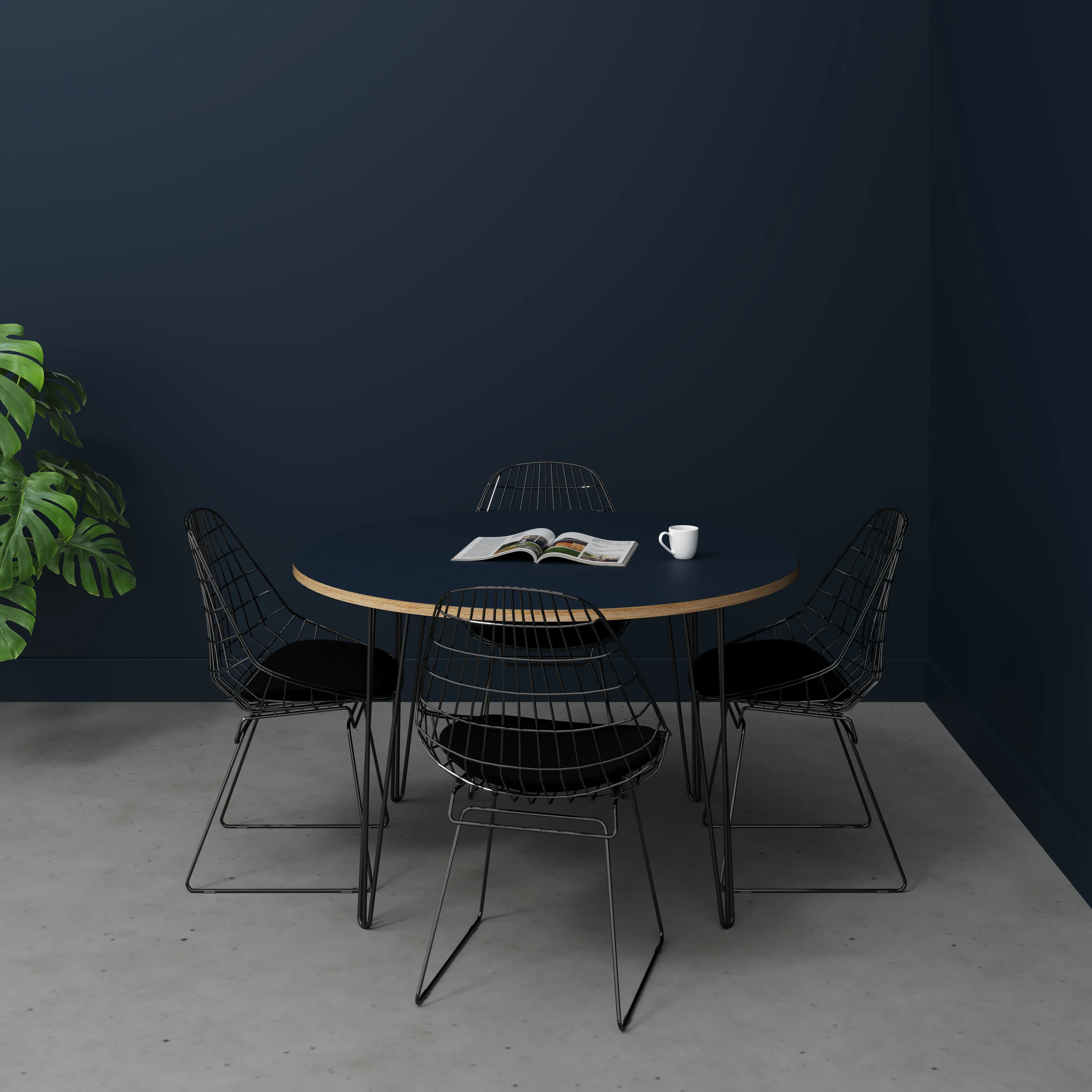 Plywood Round Table with Black Hairpin Legs - Formica Night Sea Blue - 1200(dia) x 735(h) - Image 2