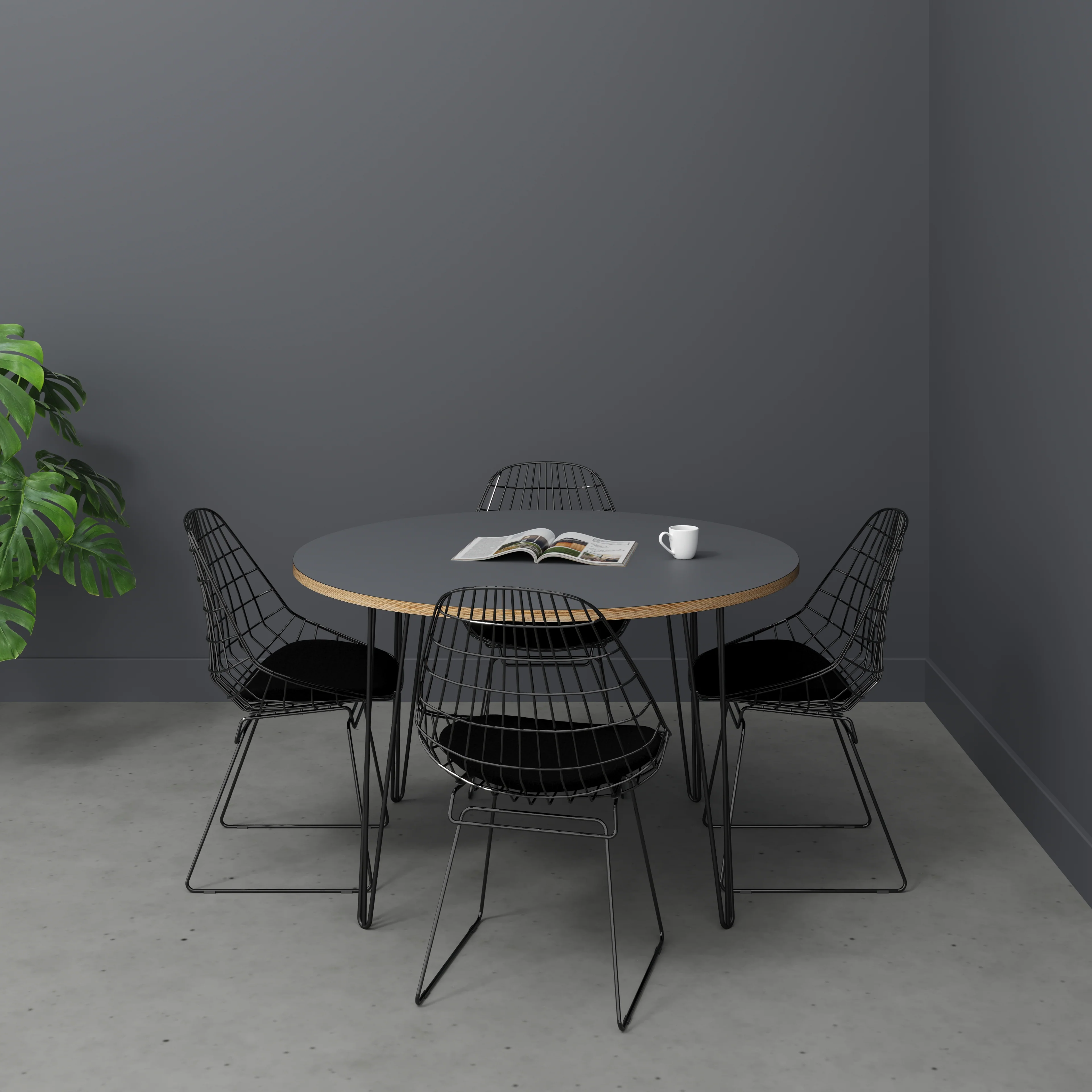 Plywood Round Table with Black Hairpin Legs - Formica Tornado Grey - 1200(dia) x 735(h) - Image 2