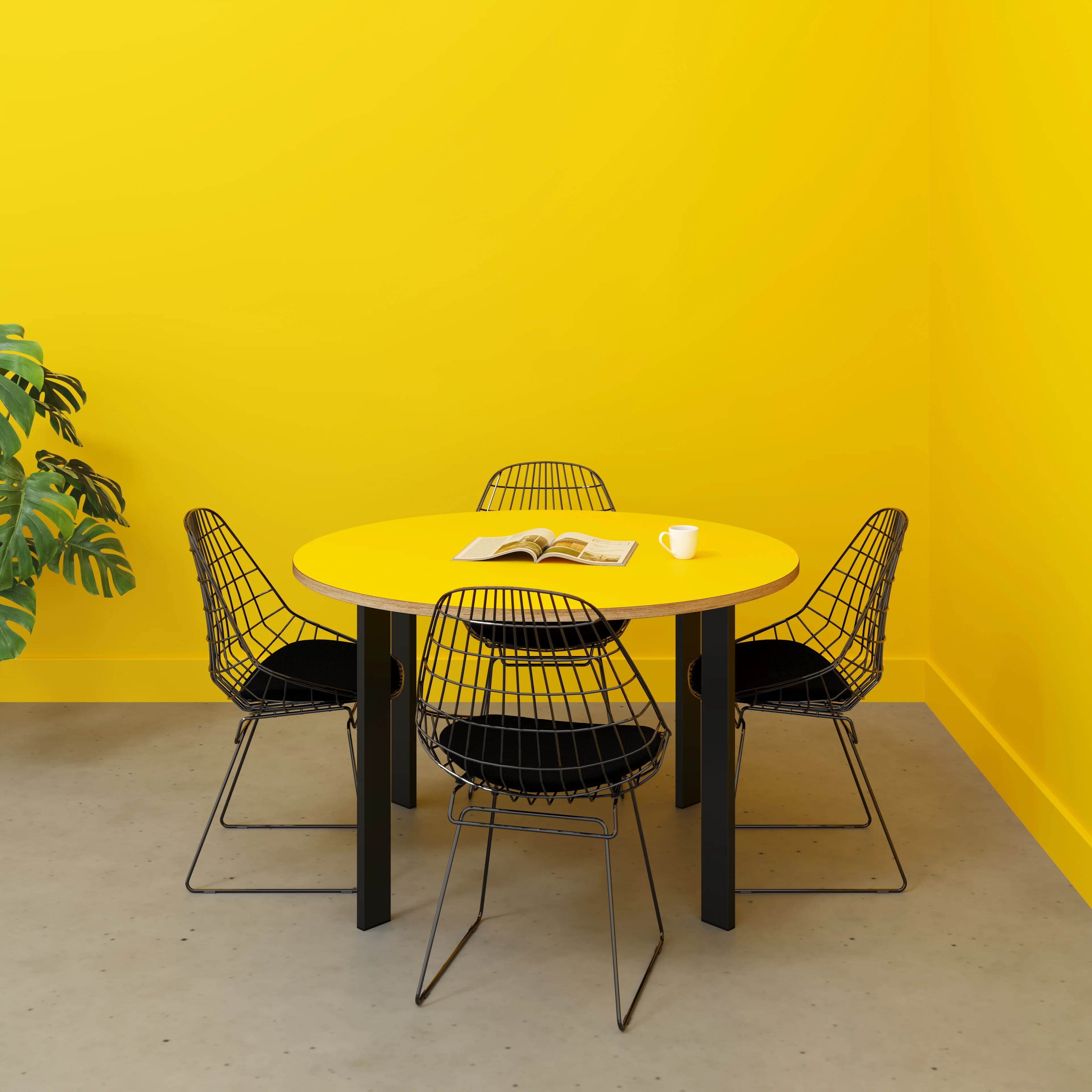 Plywood Round Table with Black Rectangular Single Pin Legs - Formica Chrome Yellow - 1200(dia) x 735(h) - Image 2