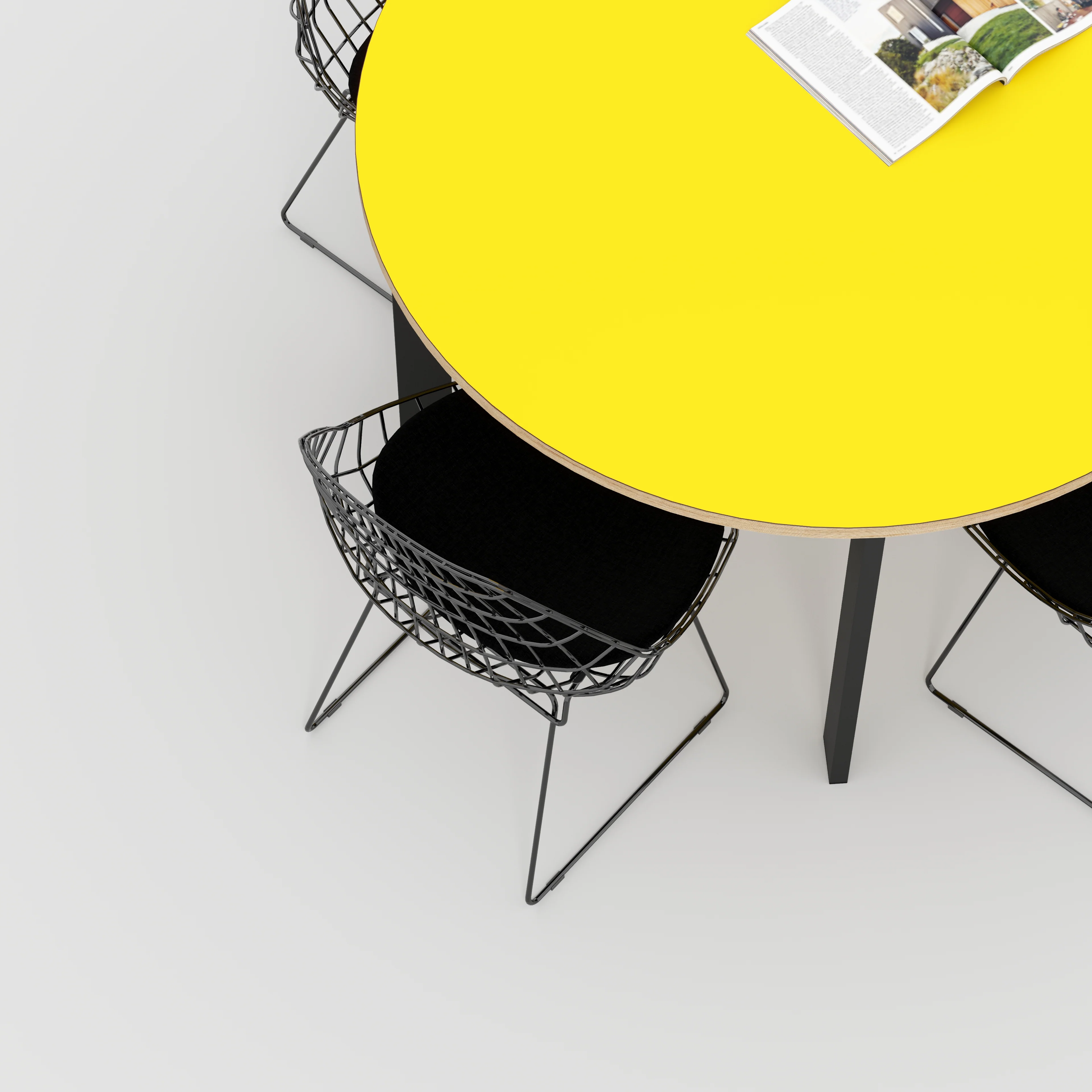 Plywood Round Table with Black Rectangular Single Pin Legs - Formica Chrome Yellow - 1200(dia) x 735(h) - Image 3