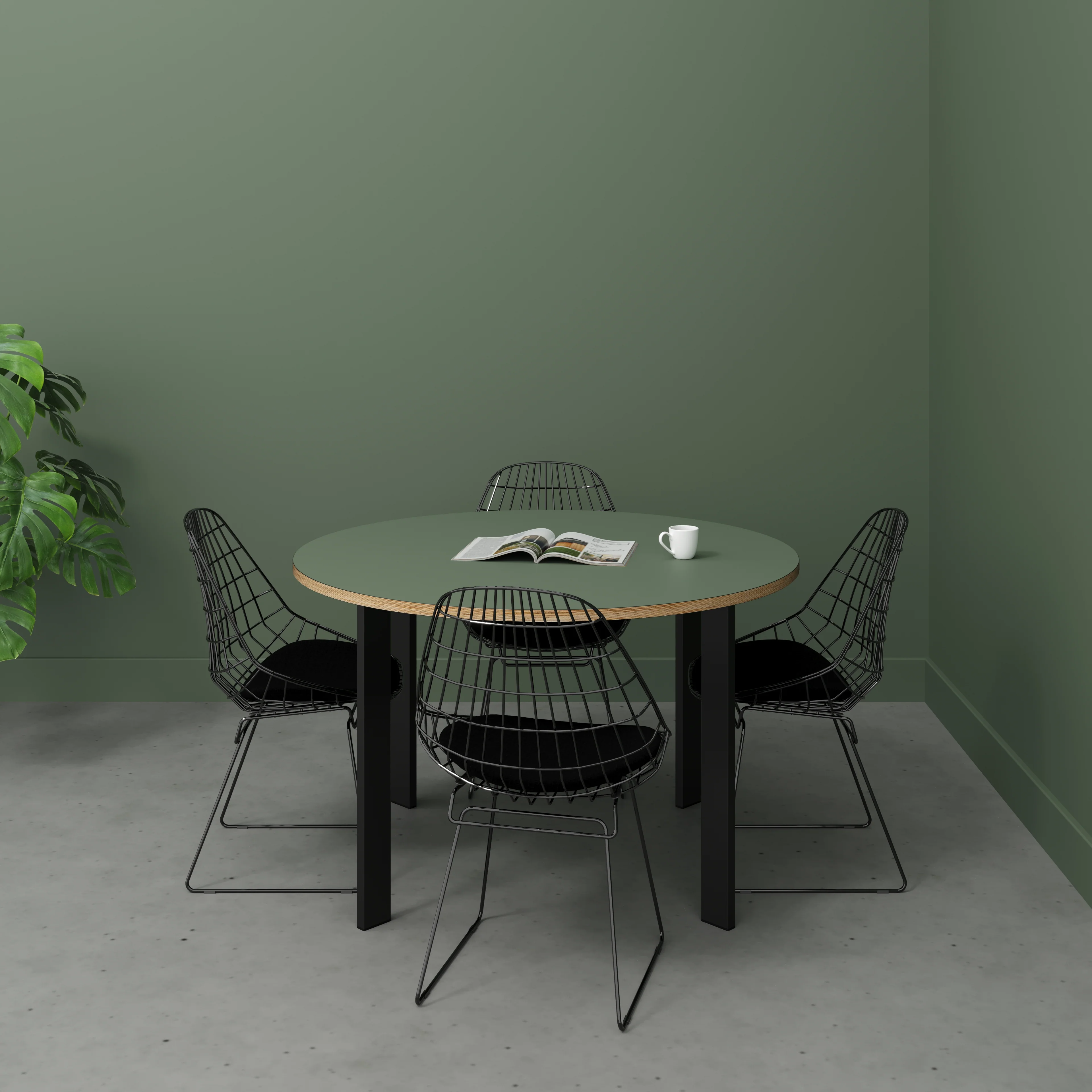 Plywood Round Table with Black Rectangular Single Pin Legs - Formica Green Slate - 1200(dia) x 735(h) - Image 2