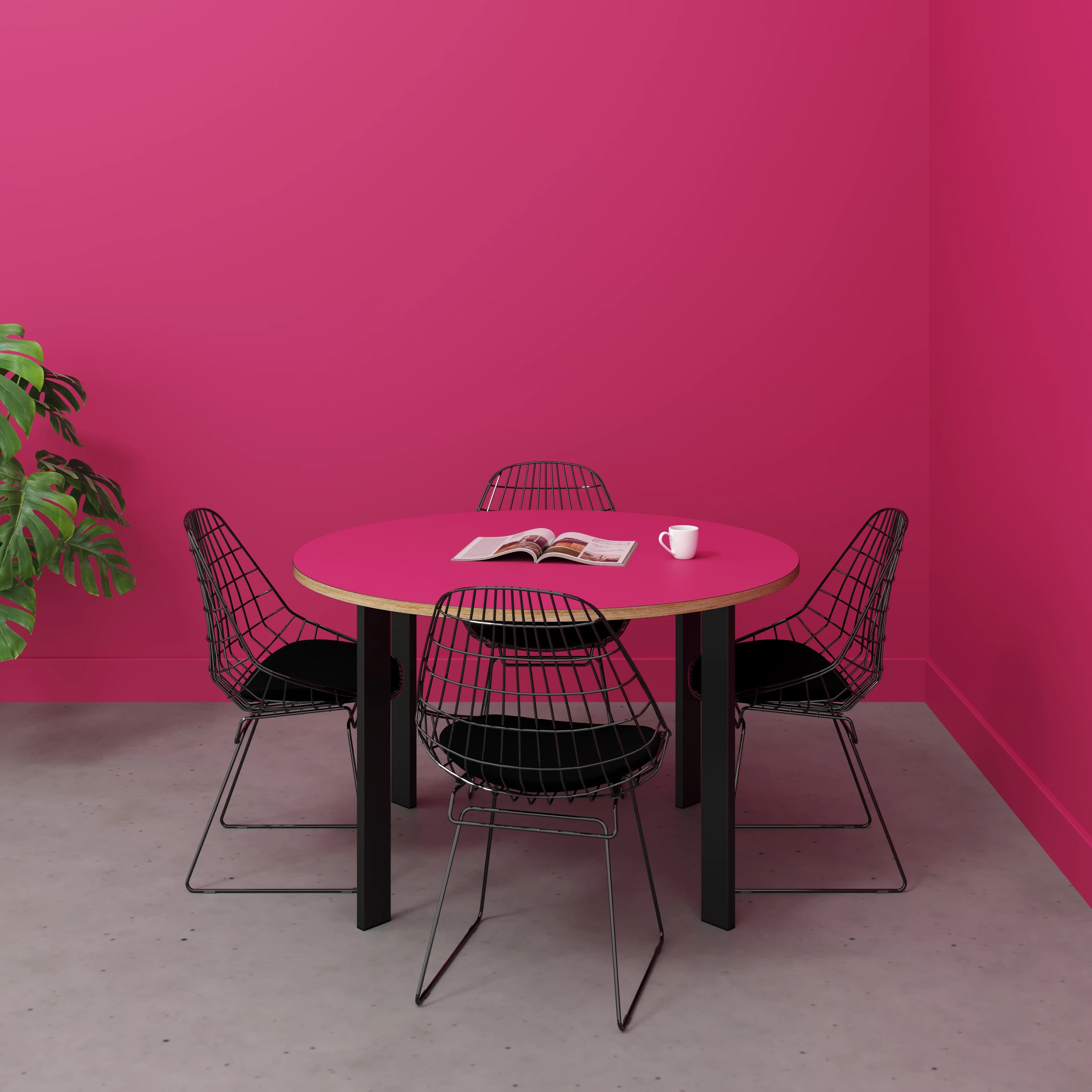 Plywood Round Table with Black Rectangular Single Pin Legs - Formica Juicy Pink - 1200(dia) x 735(h) - Image 2