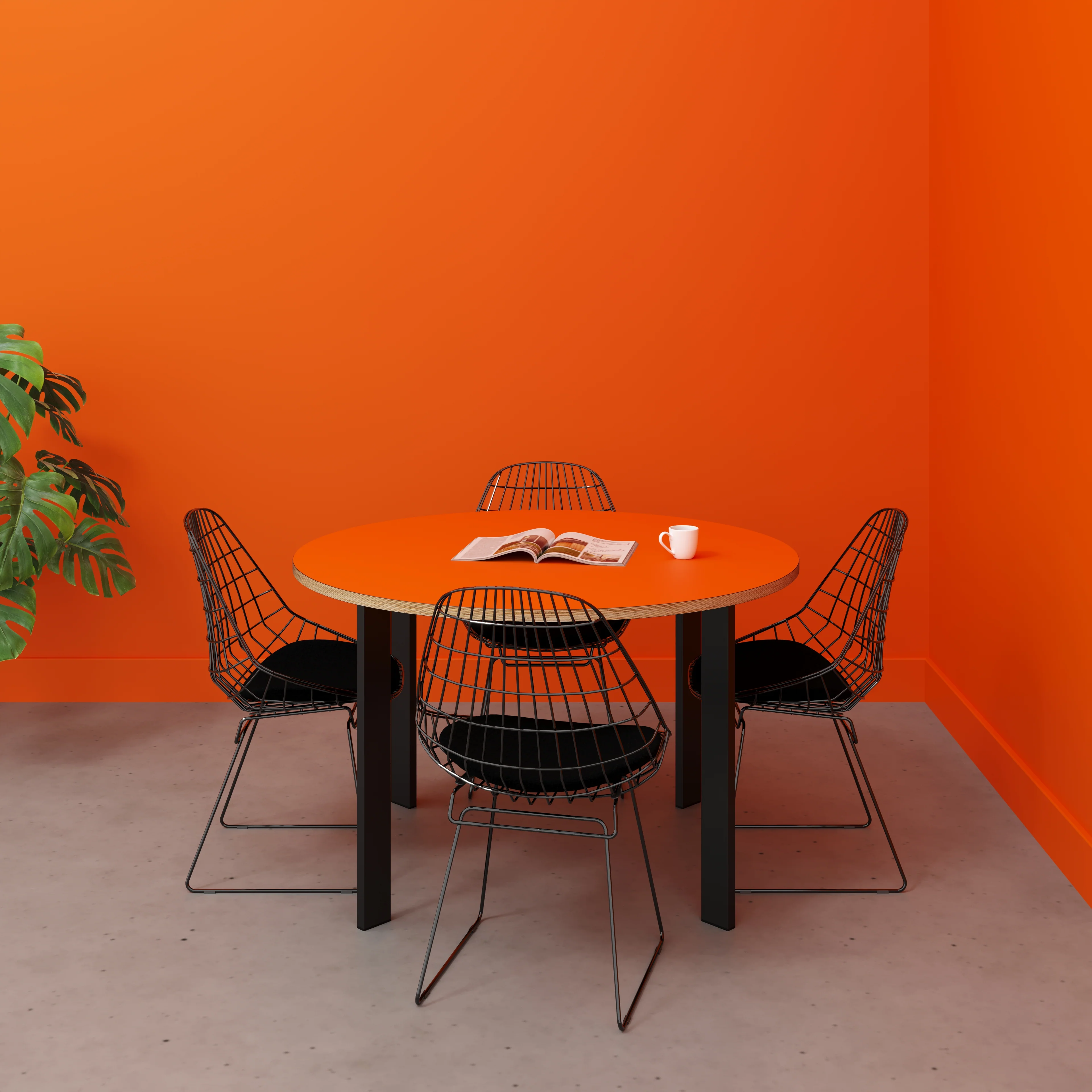 Plywood Round Table with Black Rectangular Single Pin Legs - Formica Levante Orange - 1200(dia) x 735(h) - Image 2