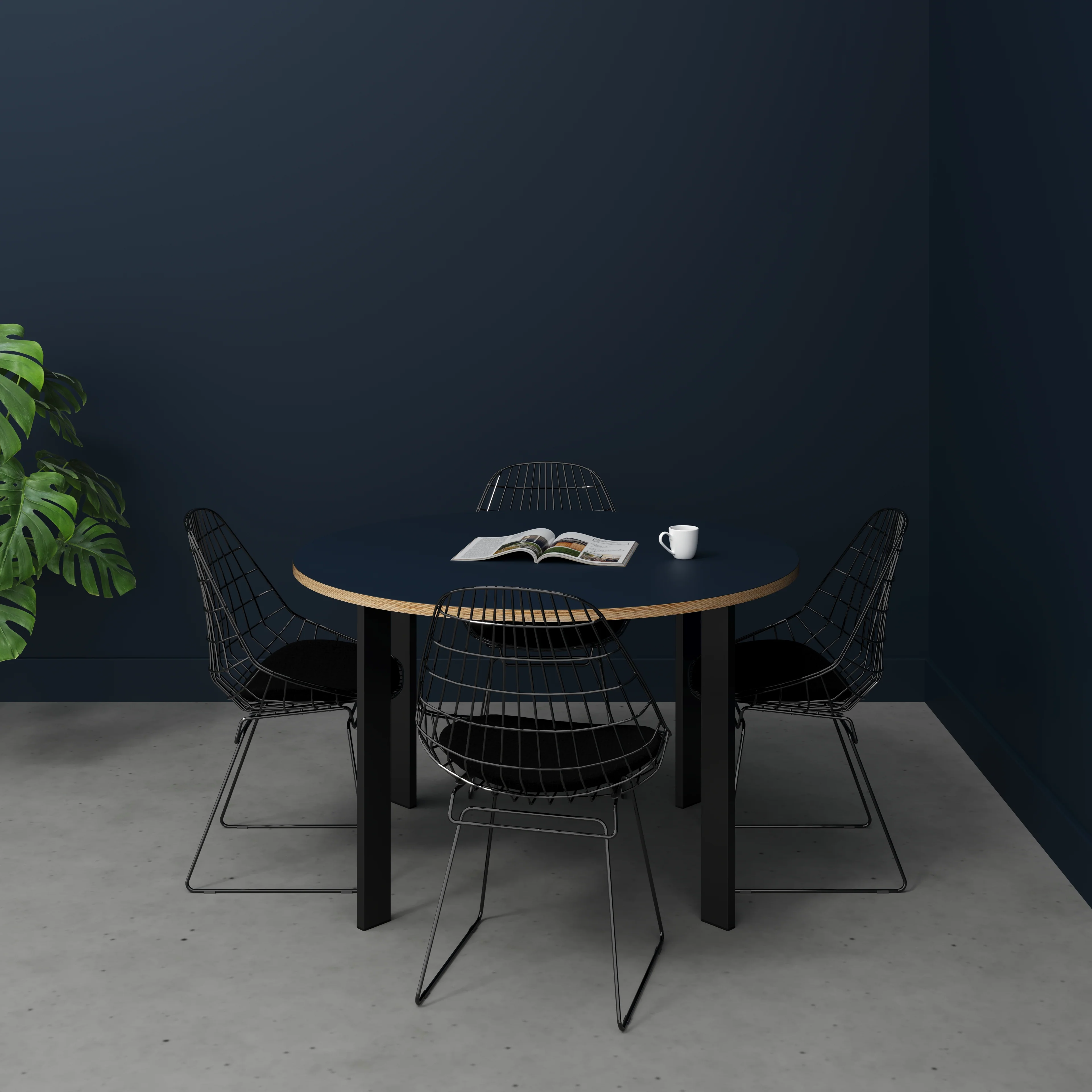 Plywood Round Table with Black Rectangular Single Pin Legs - Formica Night Sea Blue - 1200(dia) x 735(h) - Image 2