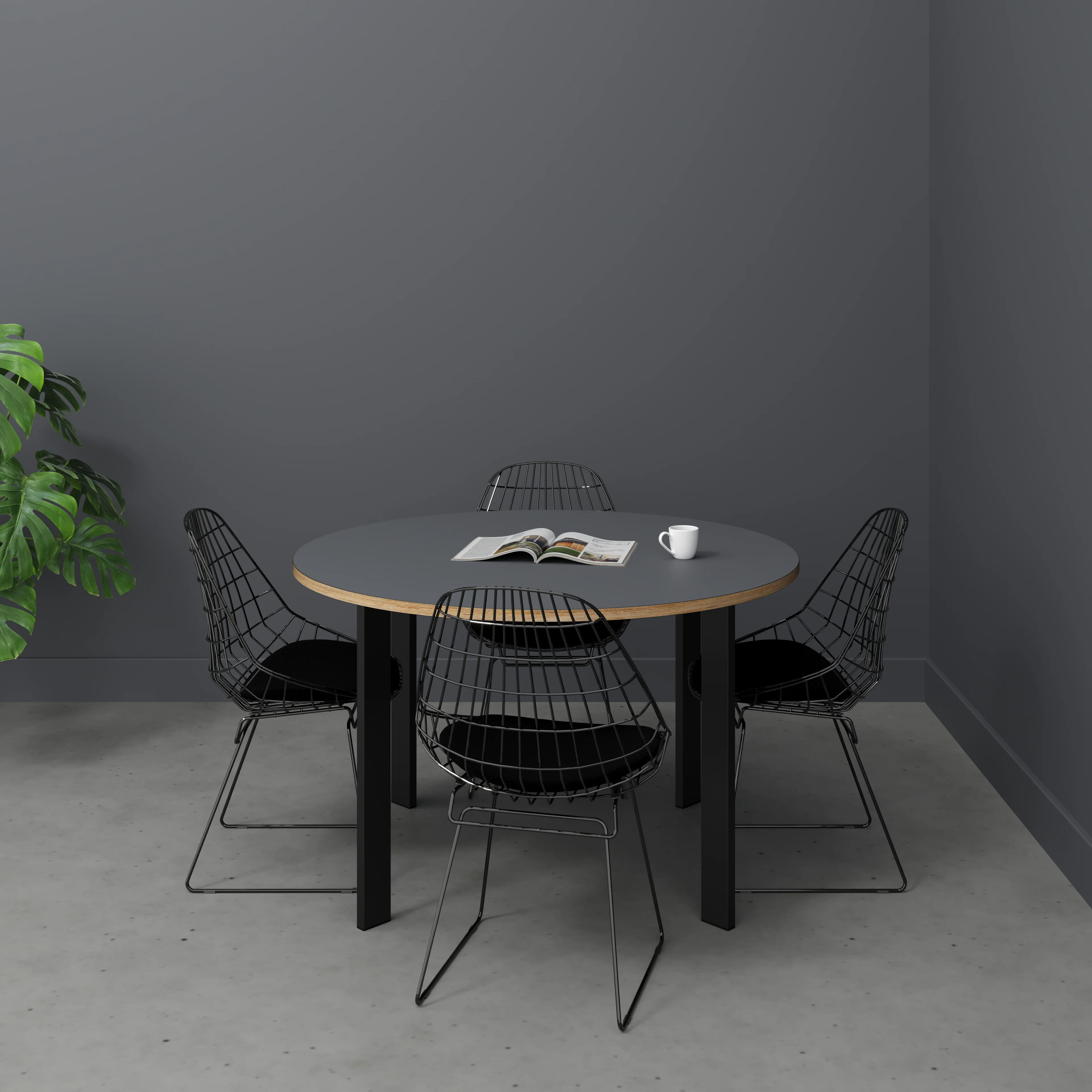Plywood Round Table with Black Rectangular Single Pin Legs - Formica Tornado Grey - 1200(dia) x 735(h) - Image 2