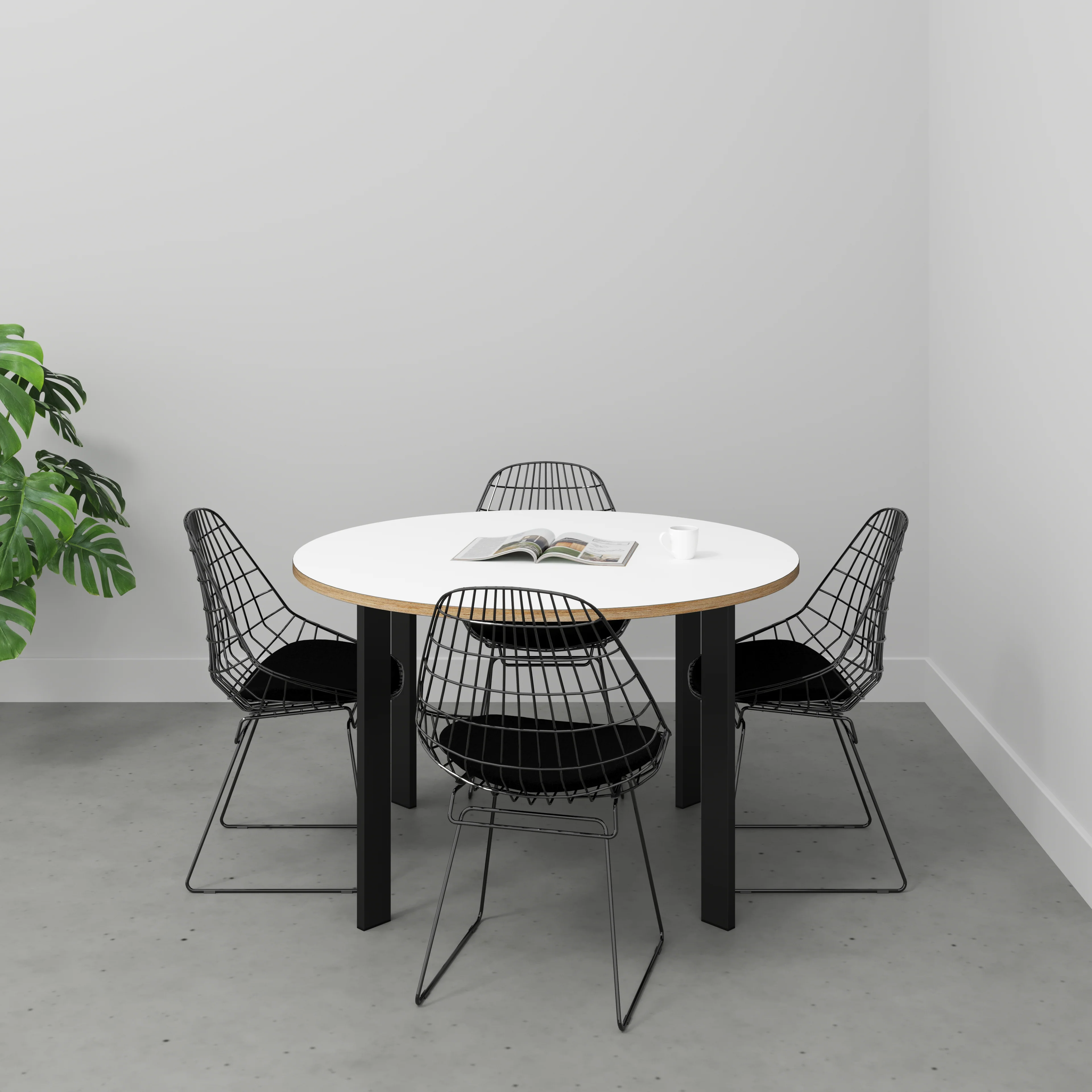 Plywood Round Table with Black Rectangular Single Pin Legs - Formica White - 1200(dia) x 735(h) - Image 2
