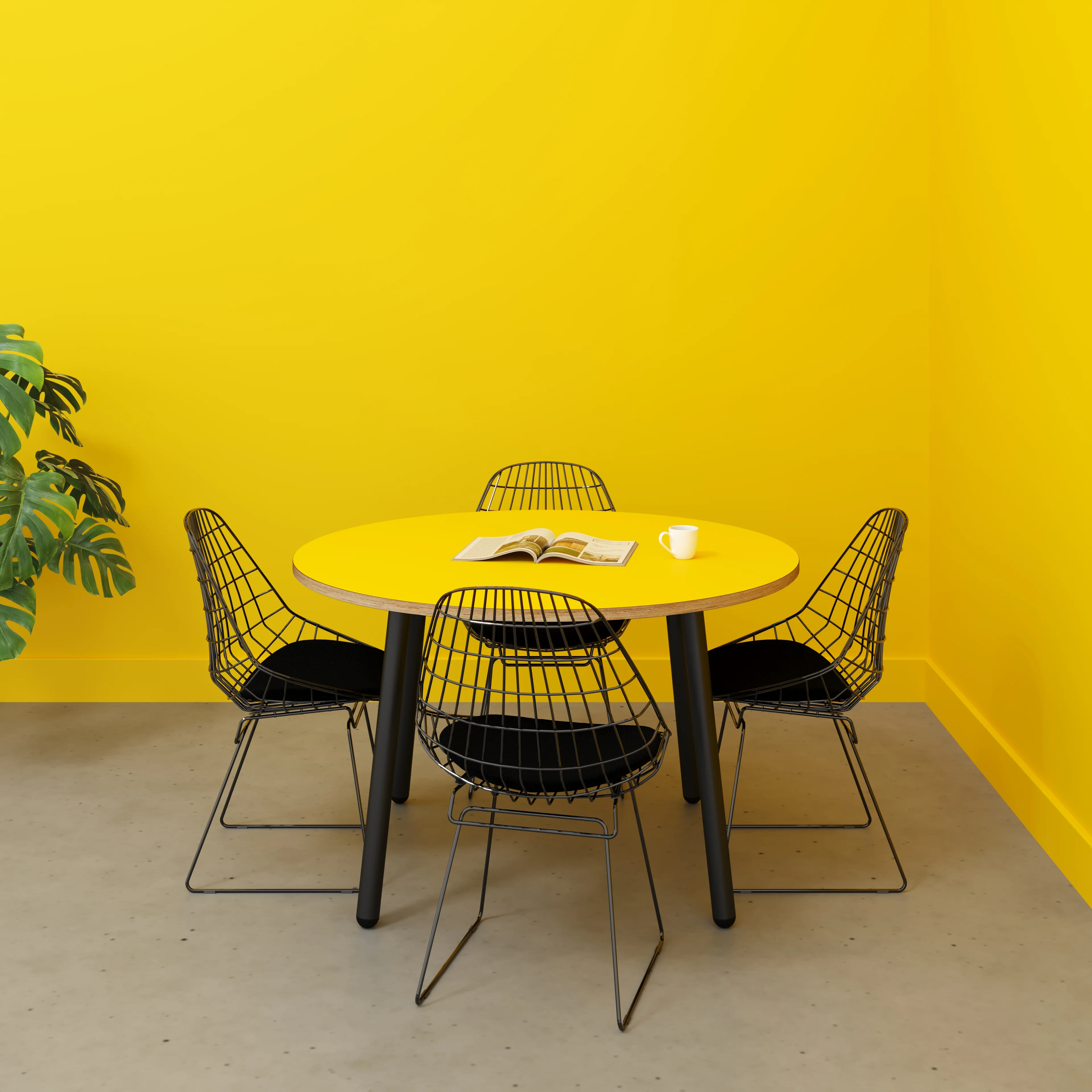 Plywood Round Table with Black Round Single Pin Legs - Formica Chrome Yellow - 1200(dia) x 735(h) - Image 2