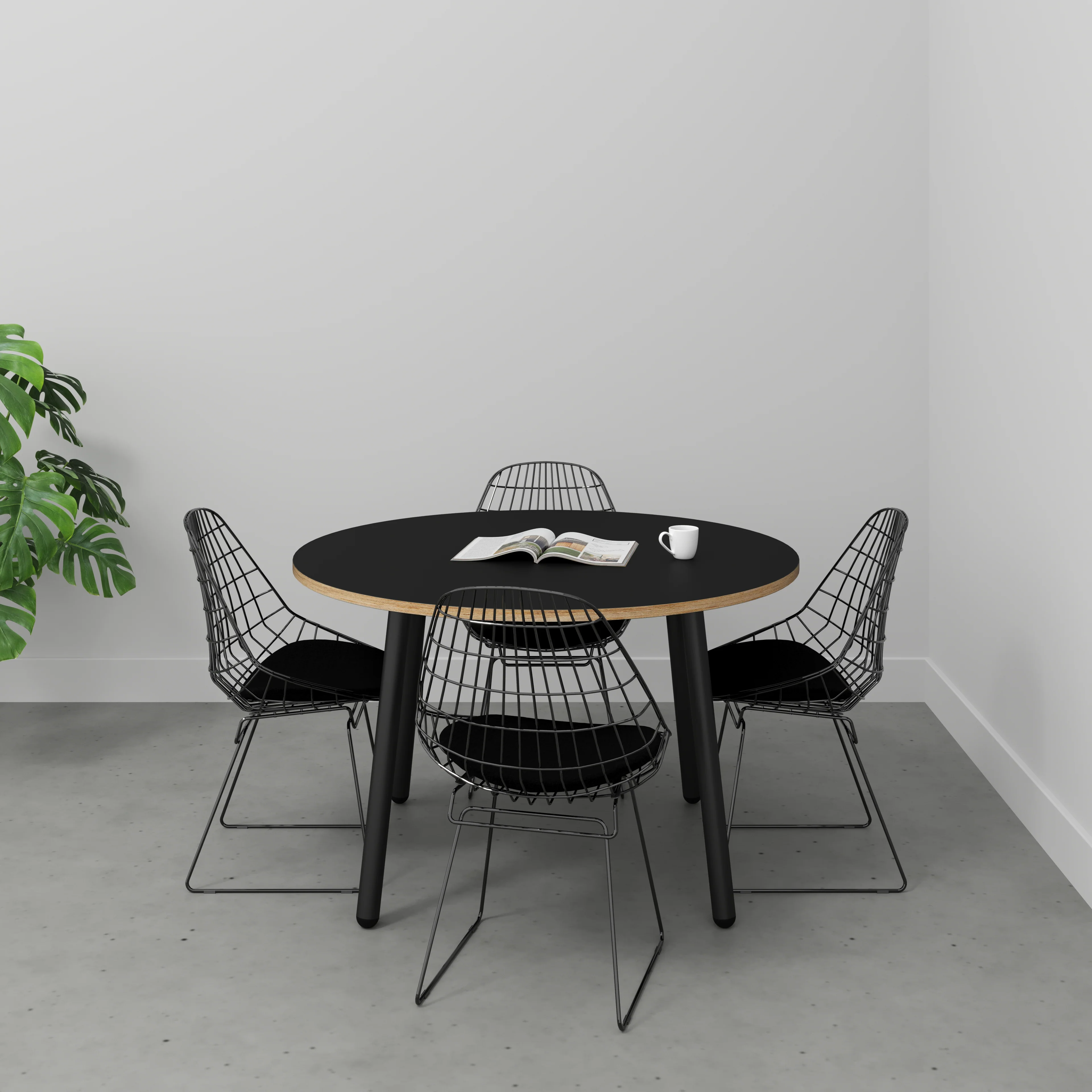 Plywood Round Table with Black Round Single Pin Legs - Formica Diamond Black - 1200(dia) x 735(h) - Image 2