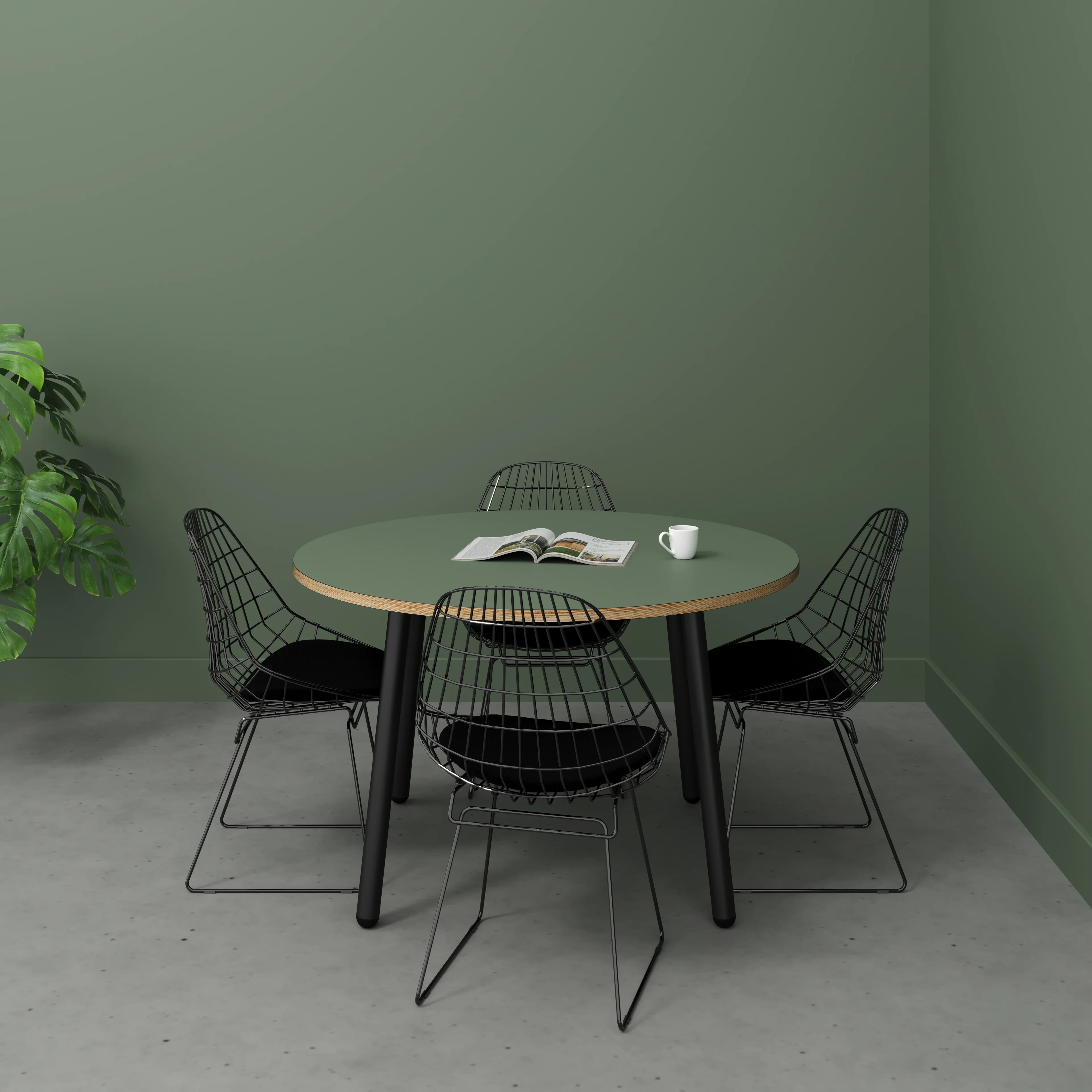 Plywood Round Table with Black Round Single Pin Legs - Formica Green Slate - 1200(dia) x 735(h) - Image 2