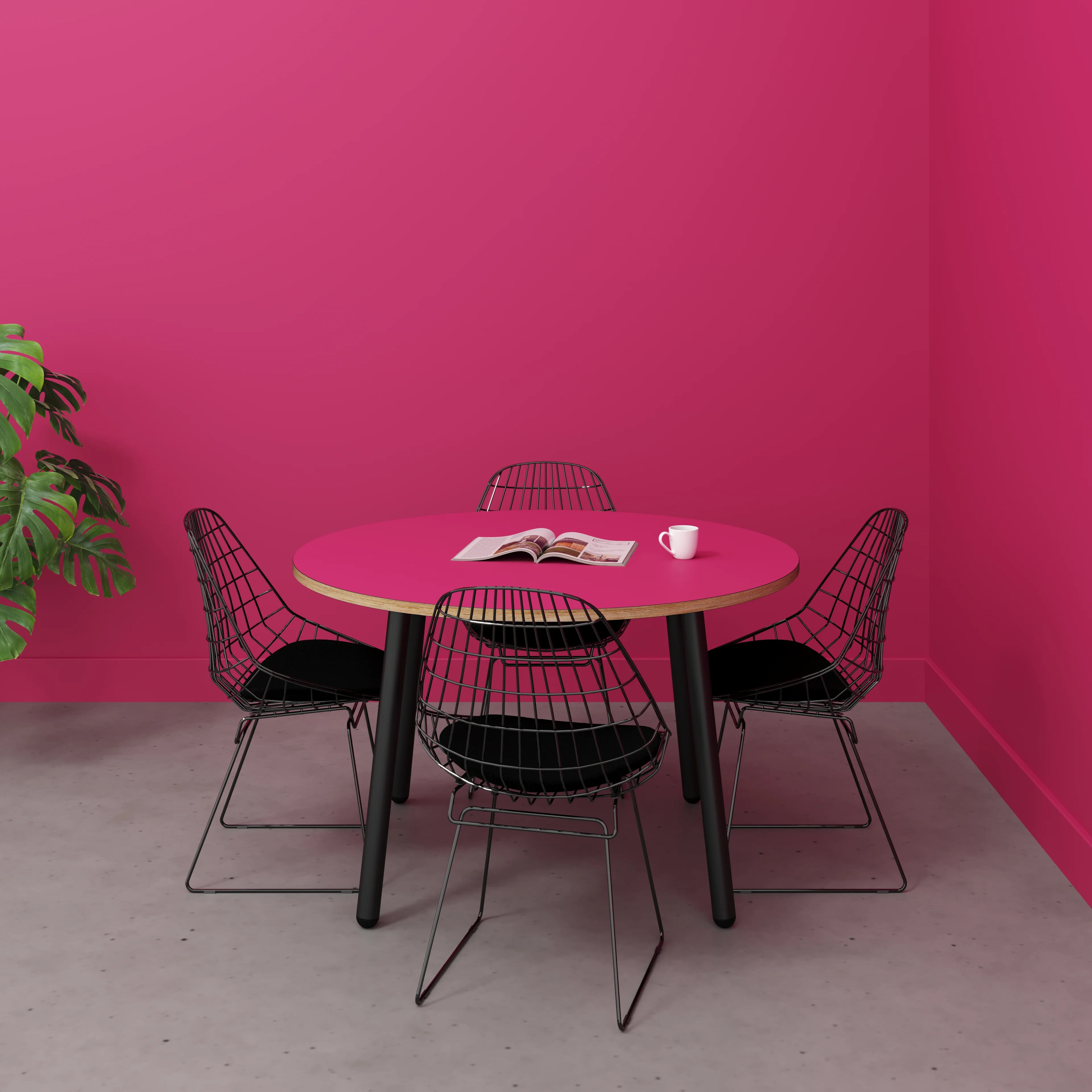 Plywood Round Table with Black Round Single Pin Legs - Formica Juicy Pink - 1200(dia) x 735(h) - Image 2
