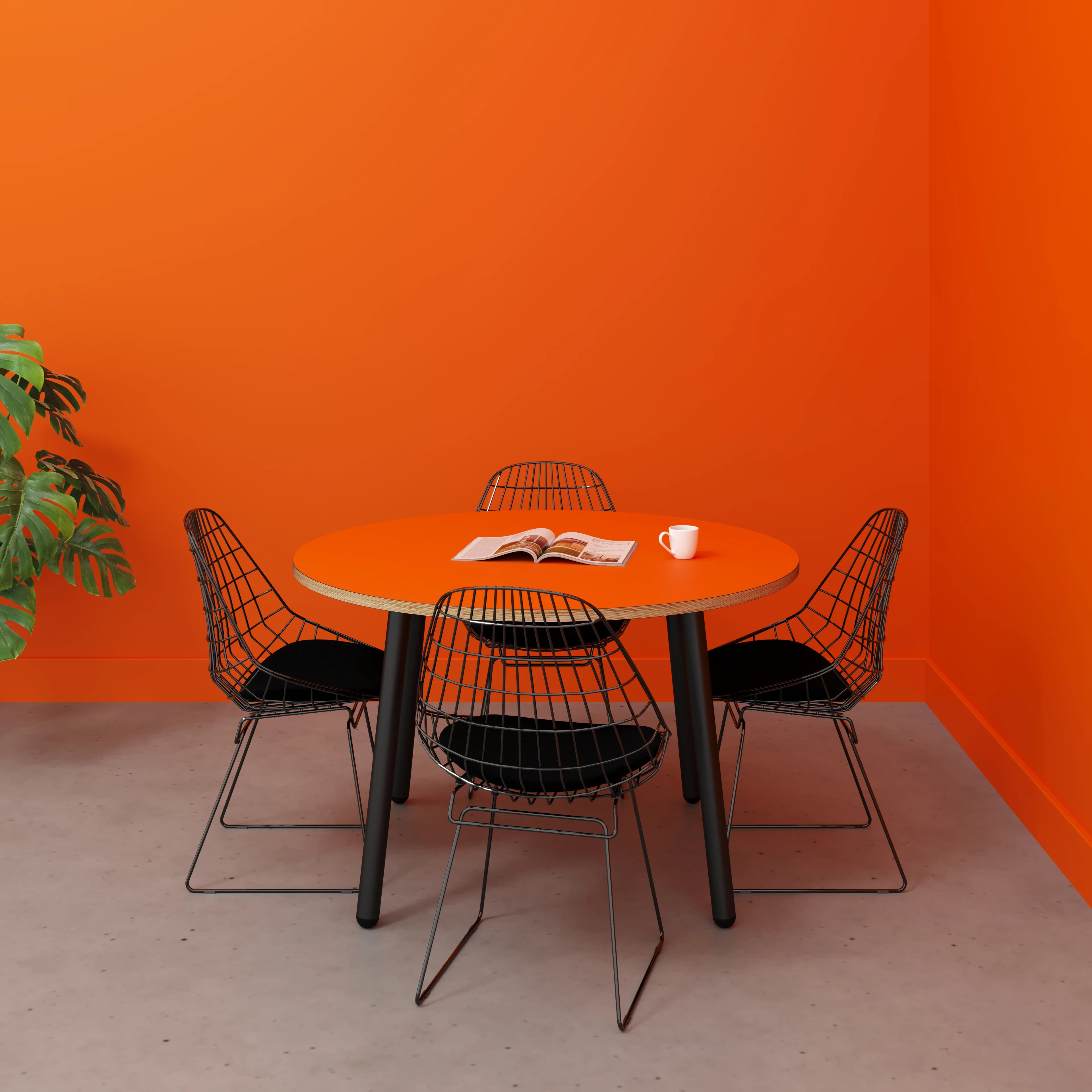 Plywood Round Table with Black Round Single Pin Legs - Formica Levante Orange - 1200(dia) x 735(h) - Image 2