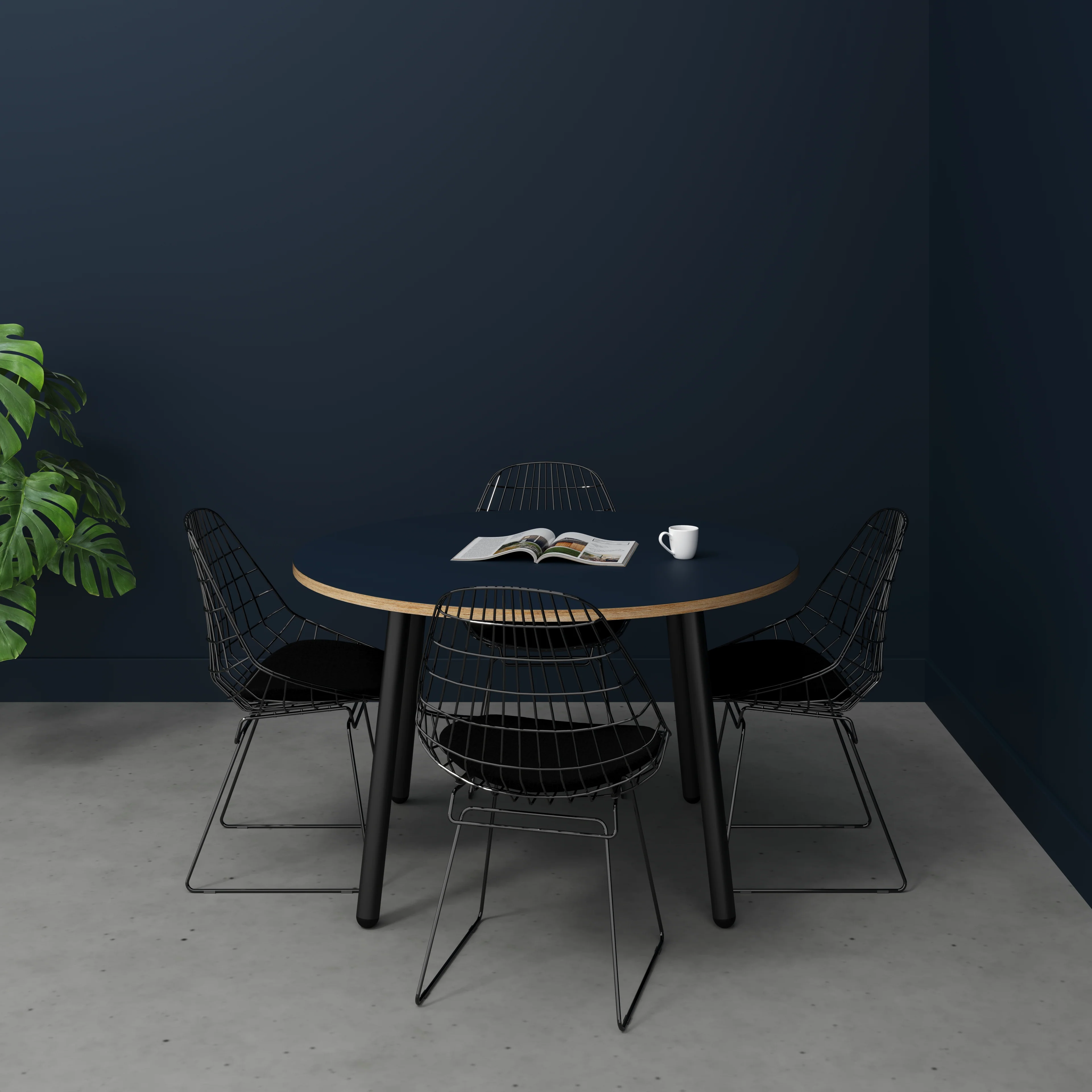 Plywood Round Table with Black Round Single Pin Legs - Formica Night Sea Blue - 1200(dia) x 735(h) - Image 2