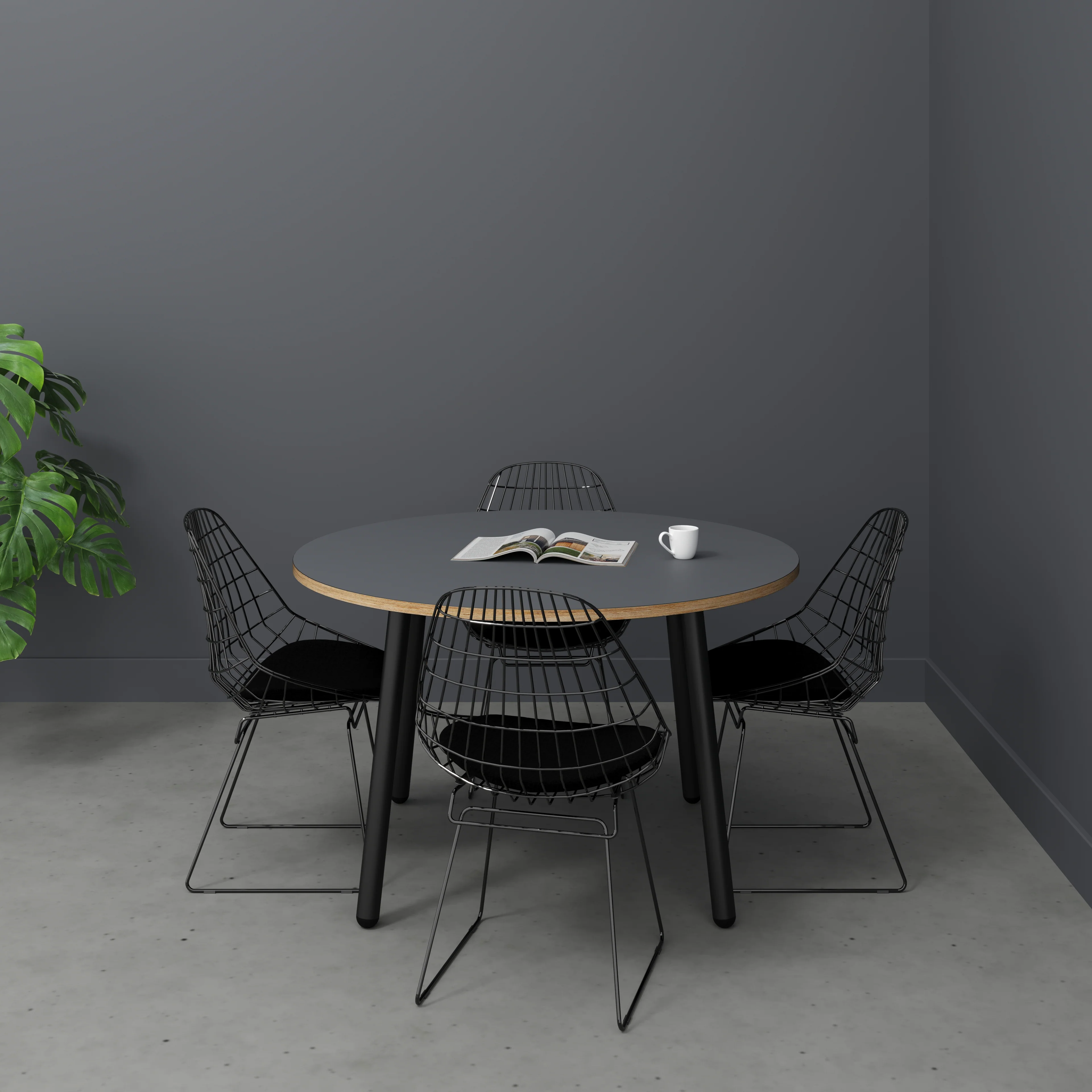 Plywood Round Table with Black Round Single Pin Legs - Formica Tornado Grey - 1200(dia) x 735(h) - Image 2