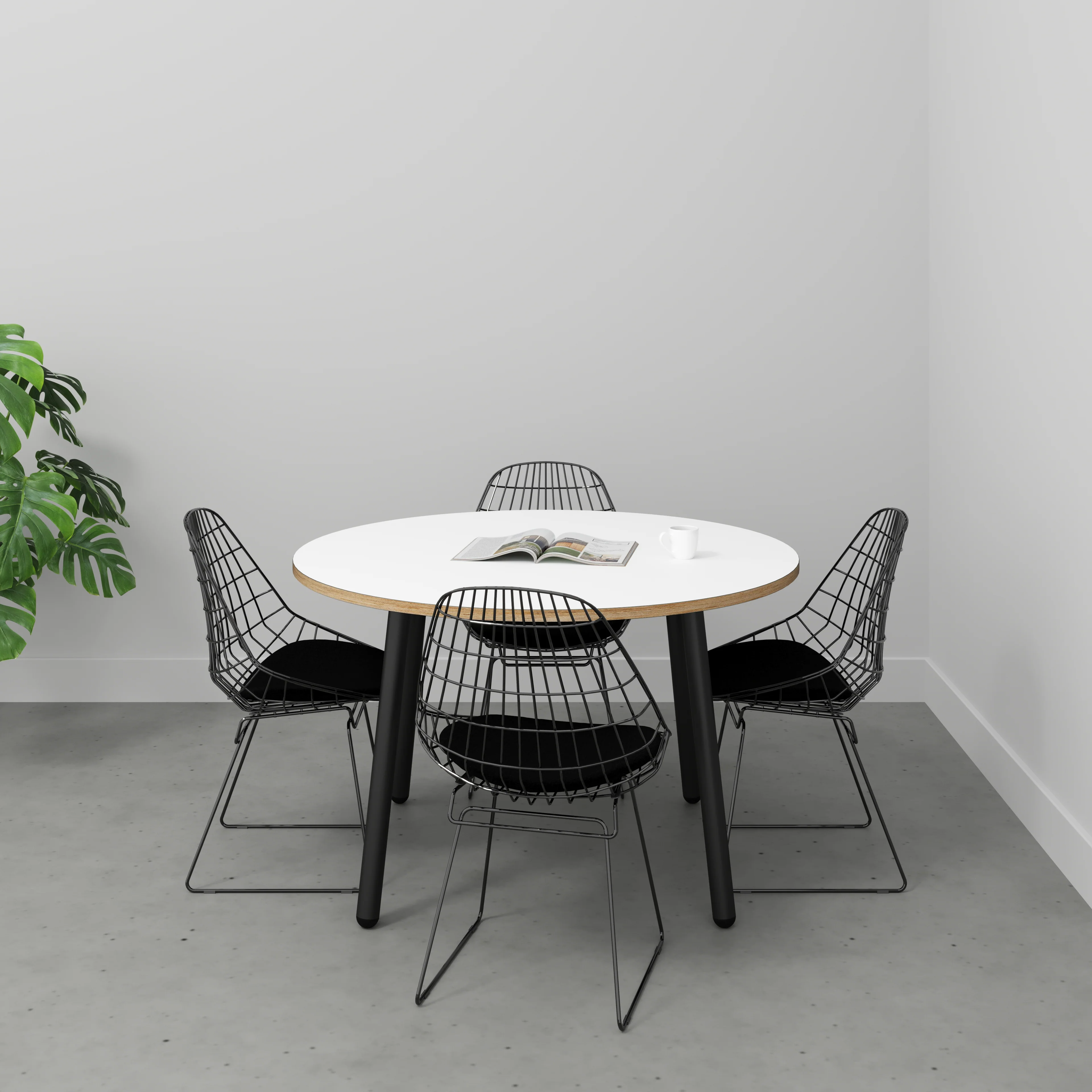 Plywood Round Table with Black Round Single Pin Legs - Formica White - 1200(dia) x 735(h) - Image 2