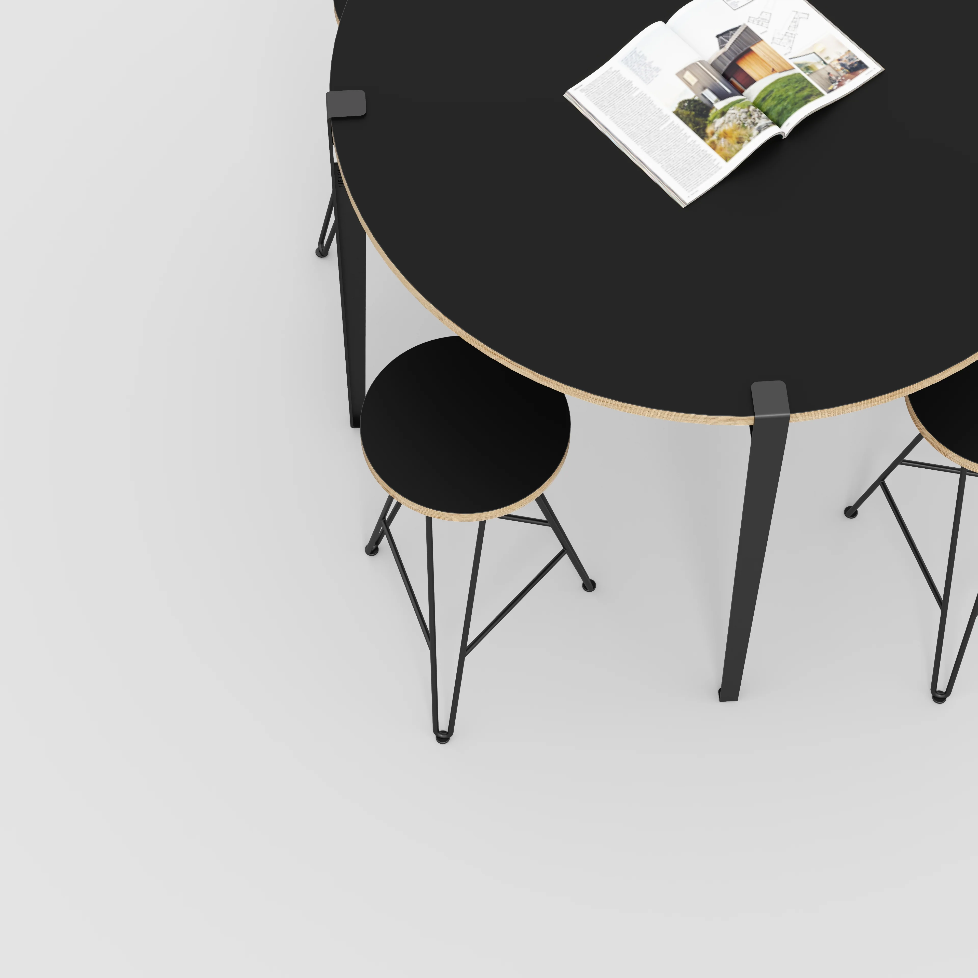 Plywood Round Table with Black Tiptoe Legs - Formica Diamond Black - 1200(dia) x 900(h) - Image 3