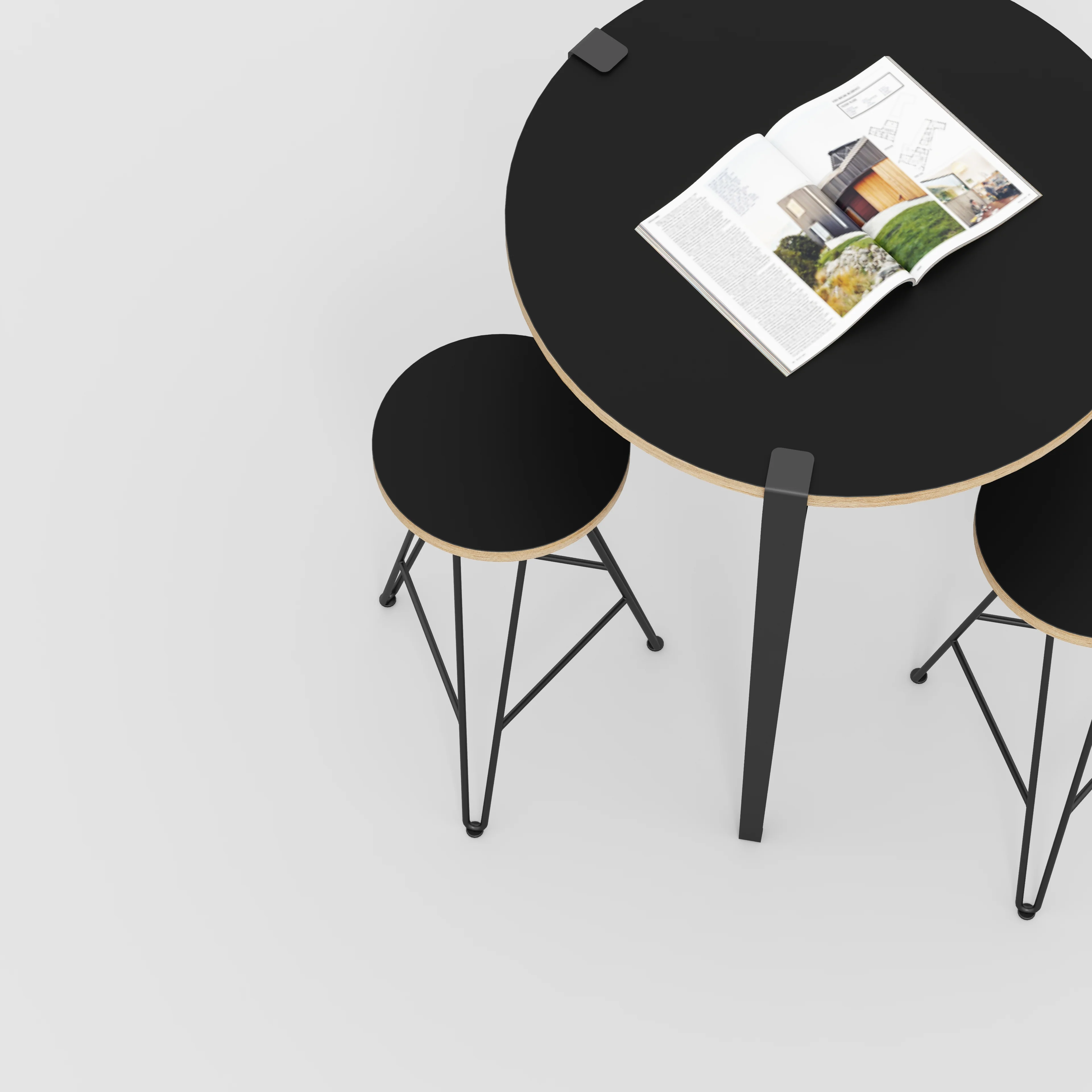 Plywood Round Table with Black Tiptoe Legs - Formica Diamond Black - 800(dia) x 900(h) - Image 3