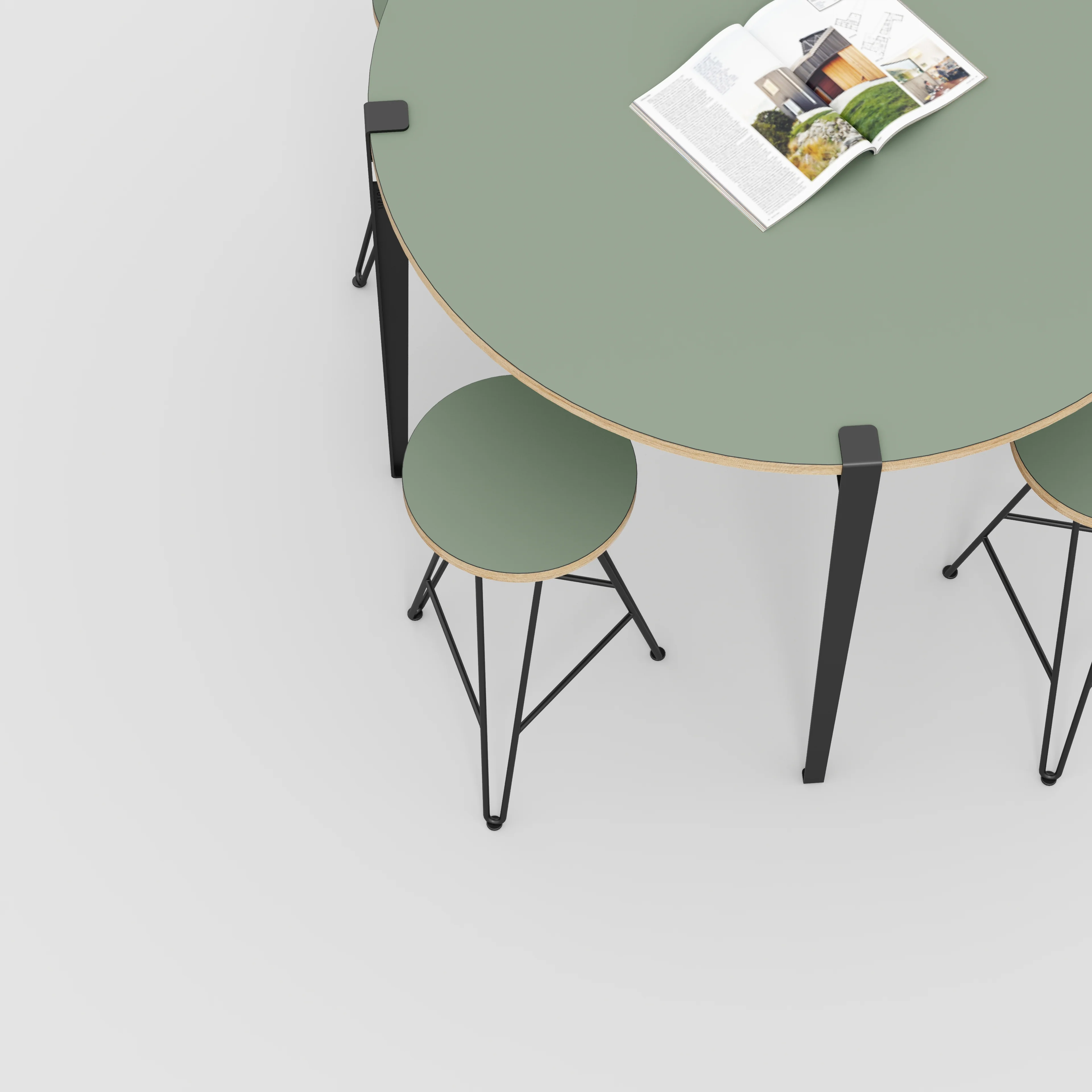 Plywood Round Table with Black Tiptoe Legs - Formica Green Slate - 1200(dia) x 900(h) - Image 3
