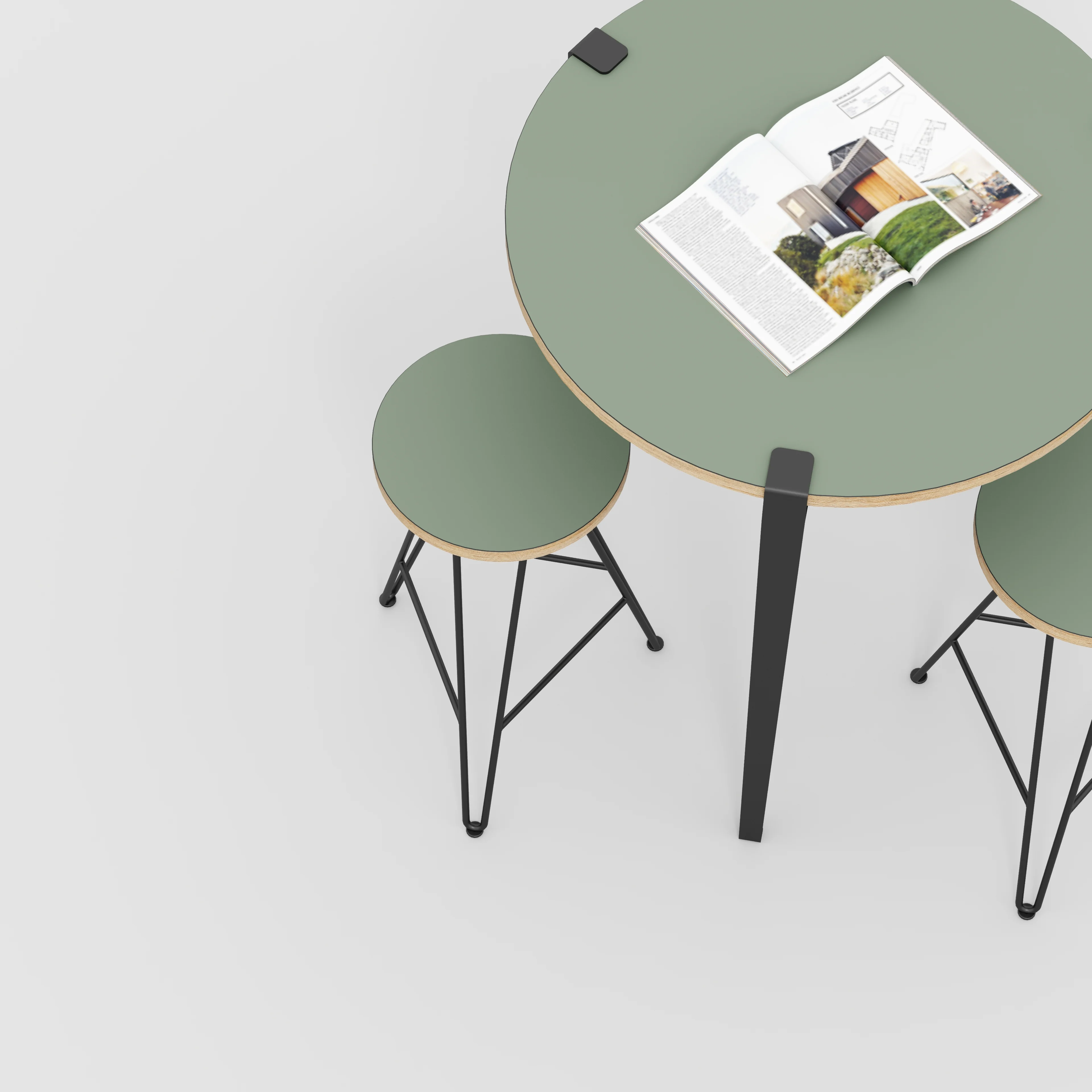 Plywood Round Table with Black Tiptoe Legs - Formica Green Slate - 800(dia) x 900(h) - Image 3