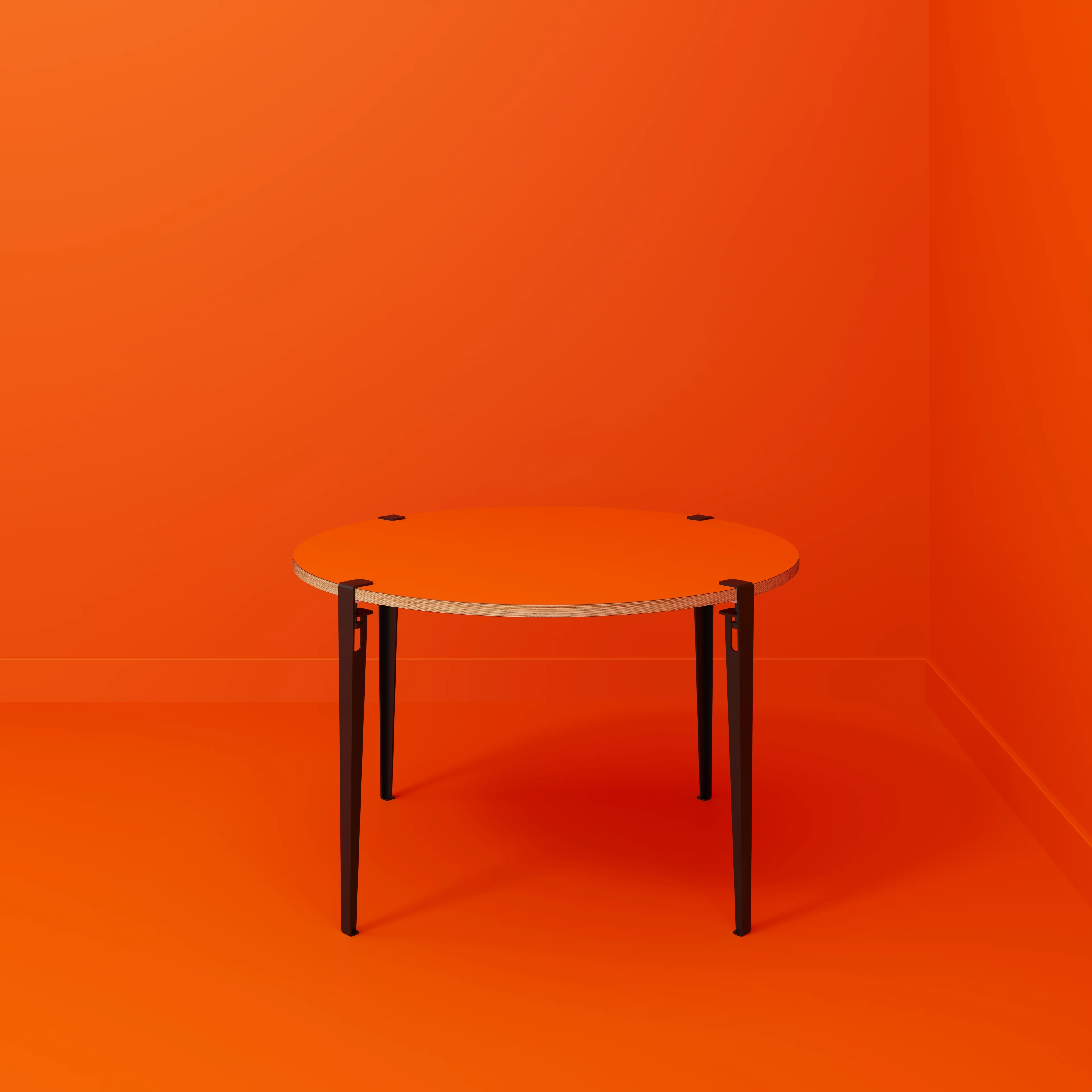 Plywood Round Table with Black Tiptoe Legs - Formica Levante Orange - 1200(dia) x 750(h) - Image 2