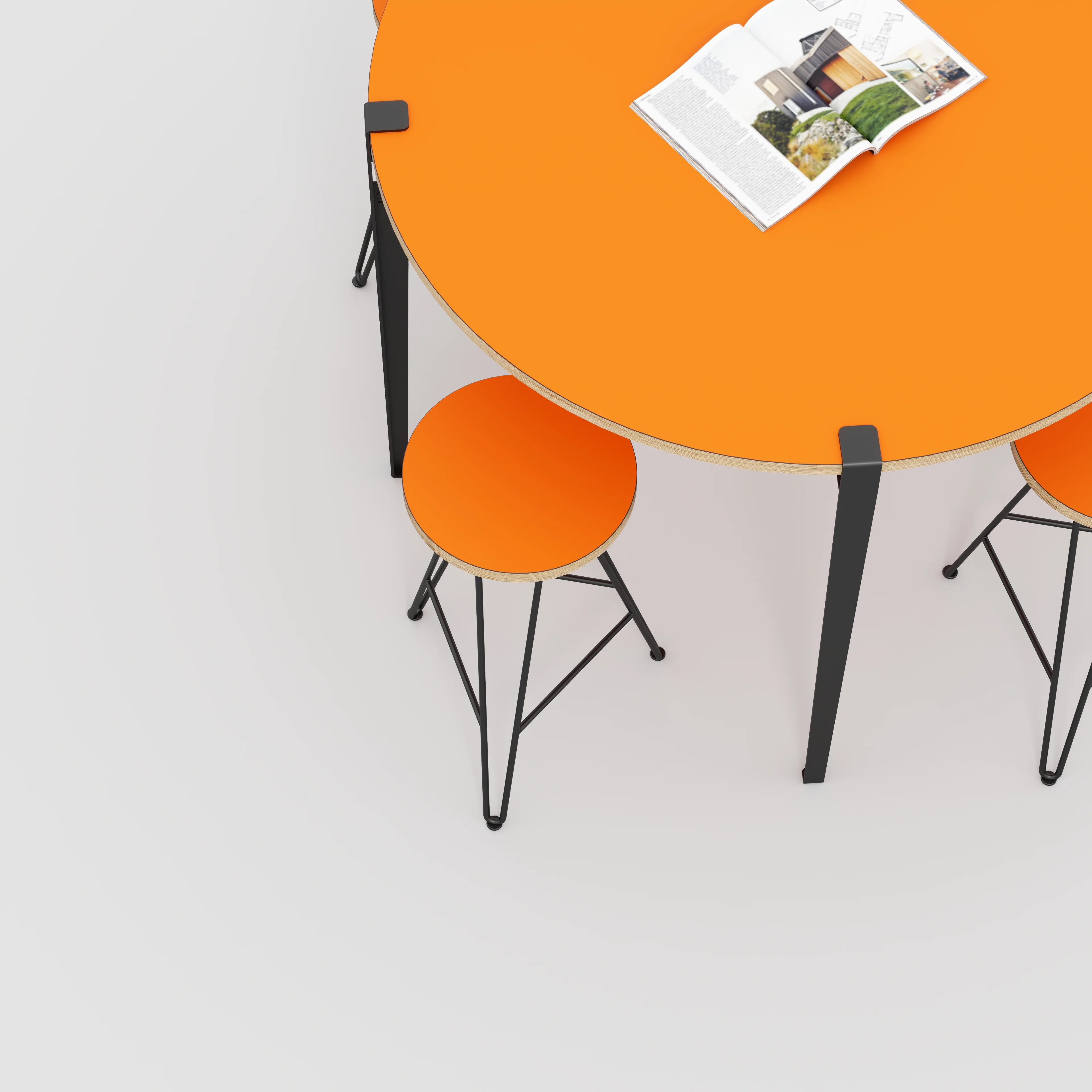 Plywood Round Table with Black Tiptoe Legs - Formica Levante Orange - 1200(dia) x 900(h) - Image 3