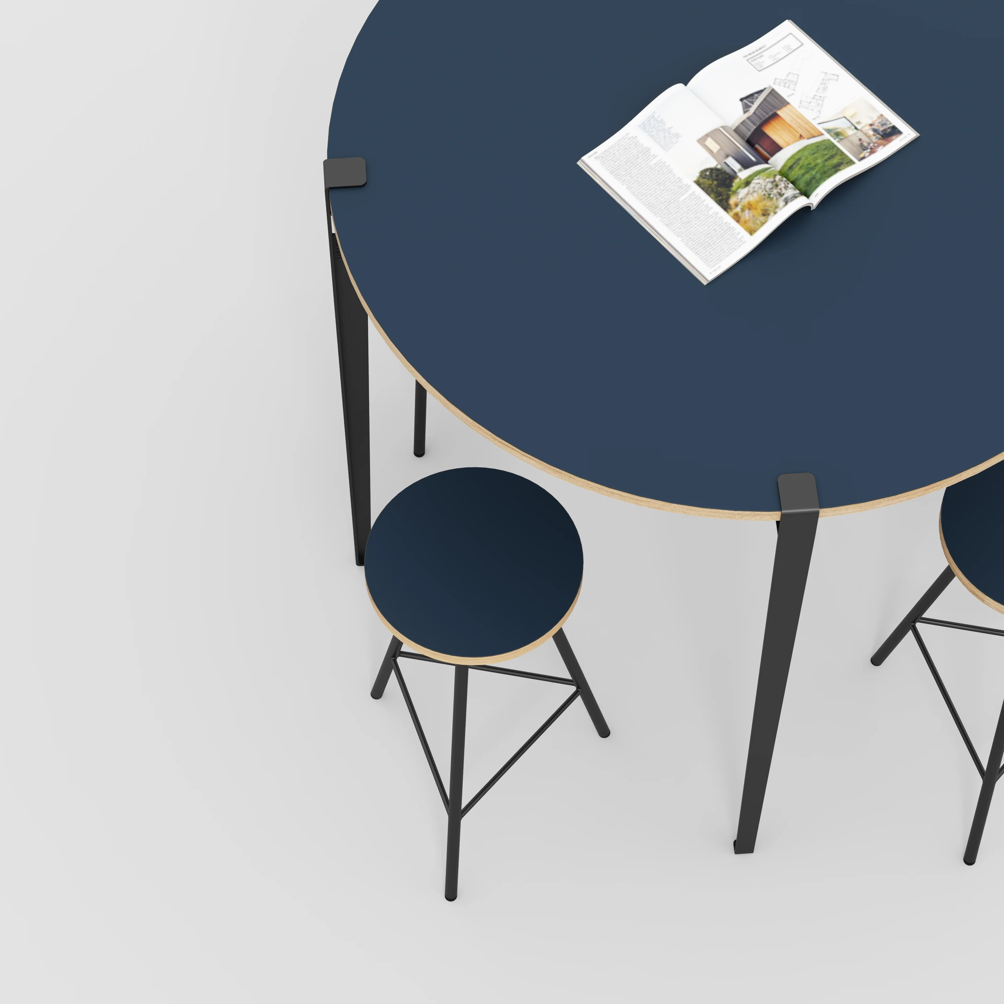 Plywood Round Table with Black Tiptoe Legs - Formica Night Sea Blue - 1200(dia) x 1100(h) - Image 3