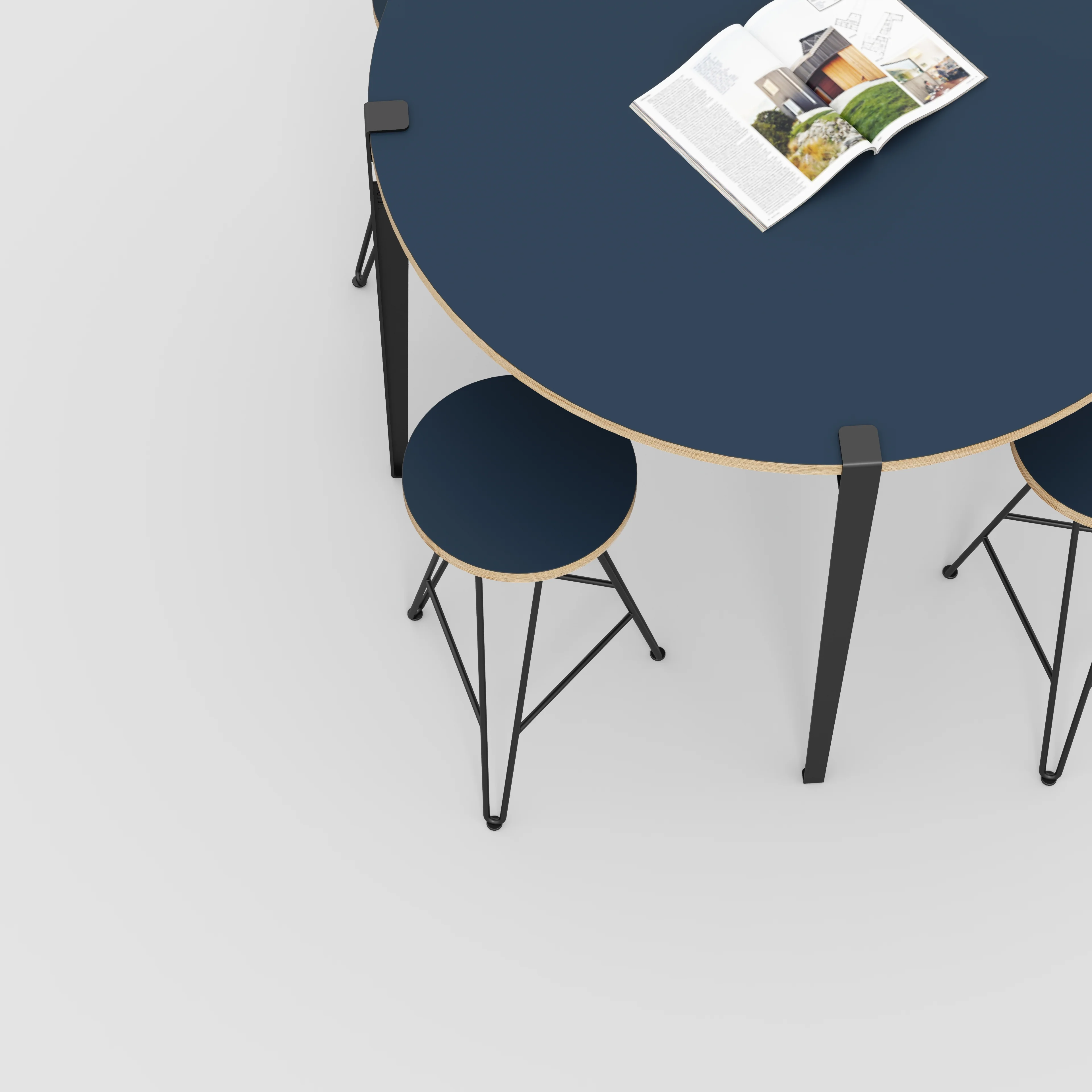 Plywood Round Table with Black Tiptoe Legs - Formica Night Sea Blue - 1200(dia) x 900(h) - Image 3