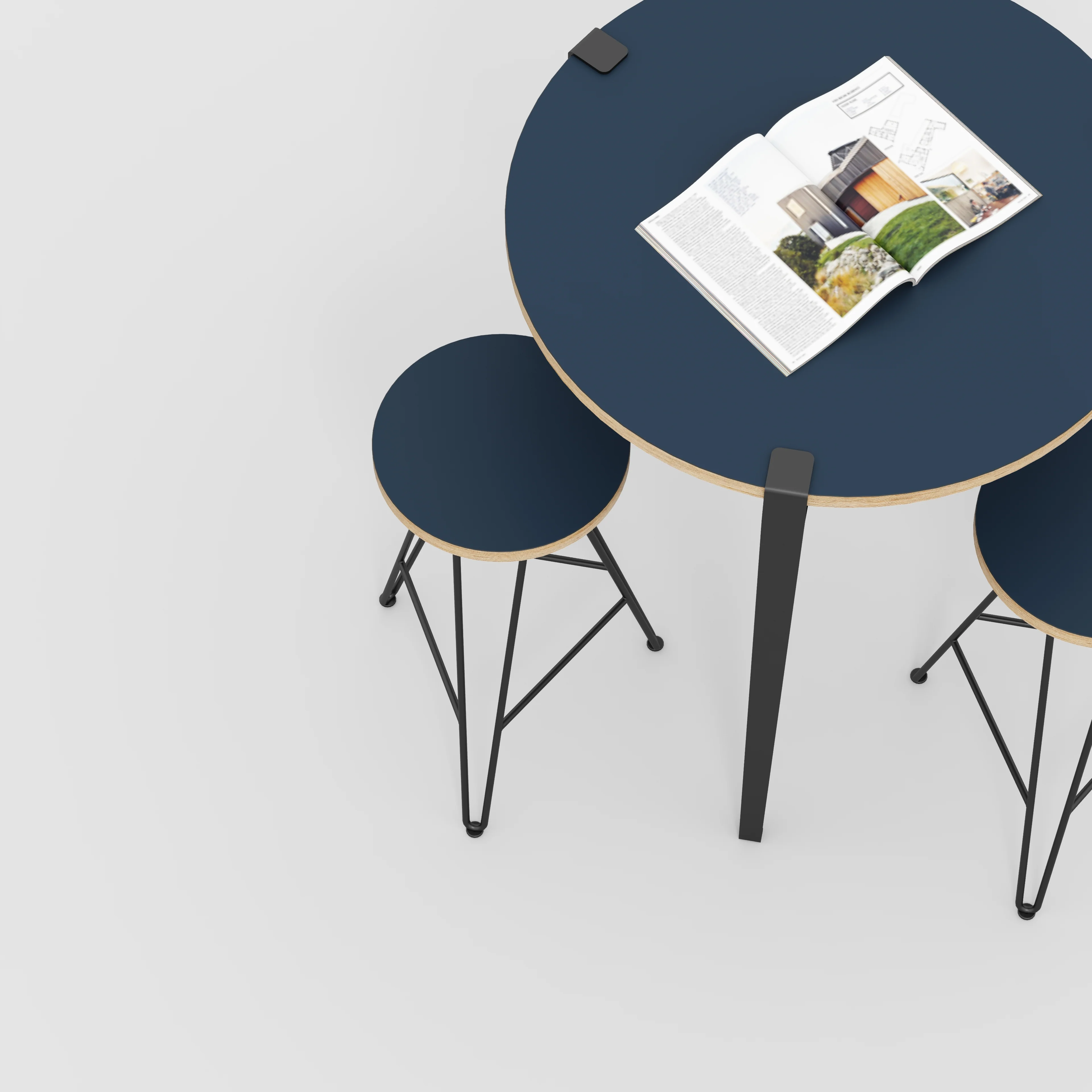 Plywood Round Table with Black Tiptoe Legs - Formica Night Sea Blue - 800(dia) x 900(h) - Image 3