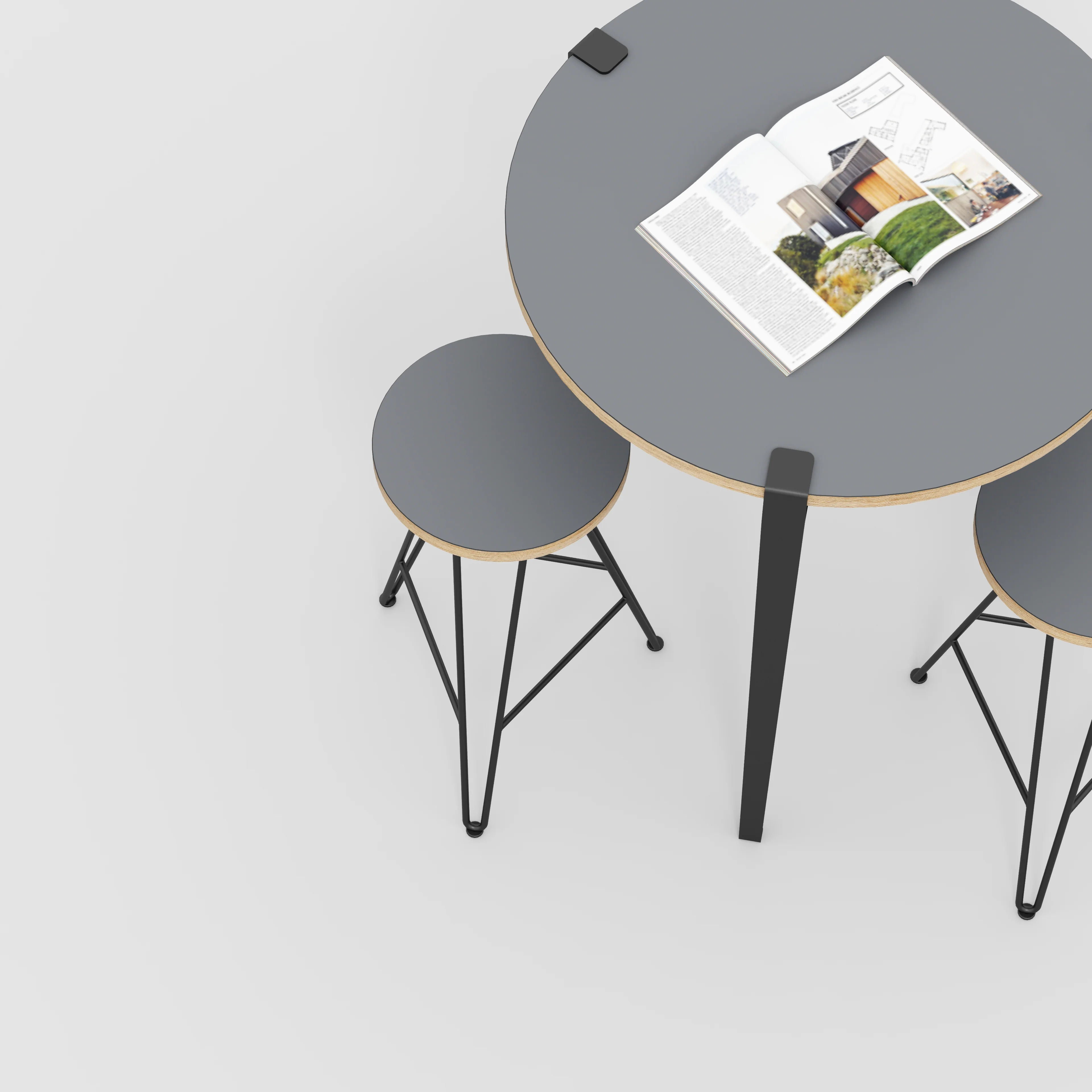 Plywood Round Table with Black Tiptoe Legs - Formica Tornado Grey - 800(dia) x 900(h) - Image 3