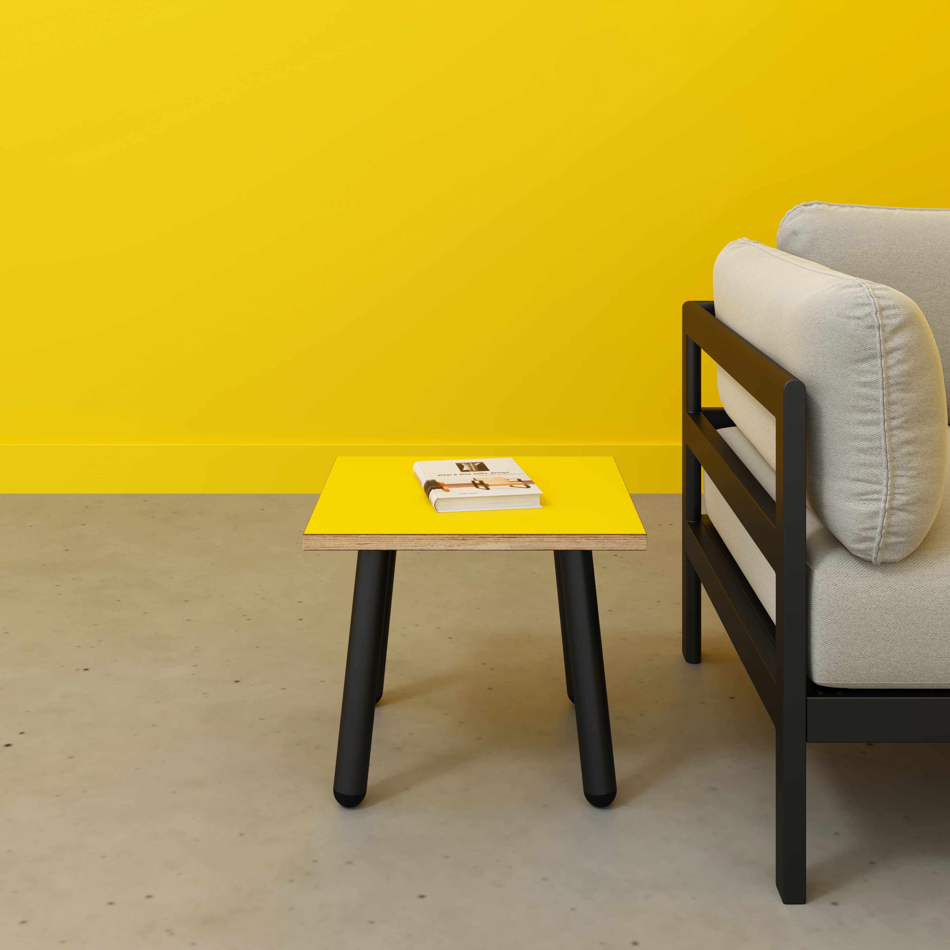 Plywood Side Table with Round Single Pin Legs - Formica Chrome Yellow - 500(w) x 500(d) x 425(h) - Image 2