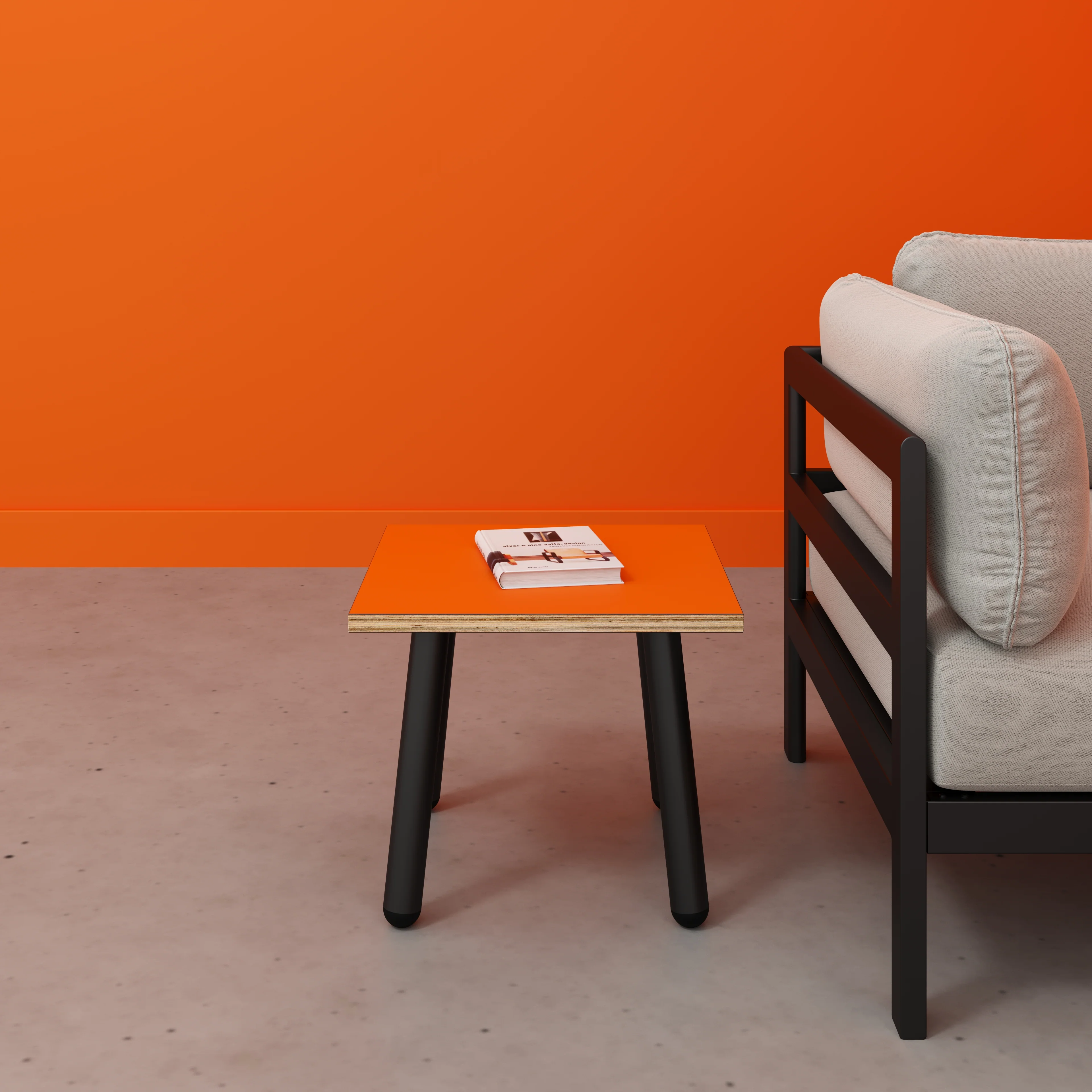 Plywood Side Table with Round Single Pin Legs - Formica Levante Orange - 500(w) x 500(d) x 425(h) - Image 2