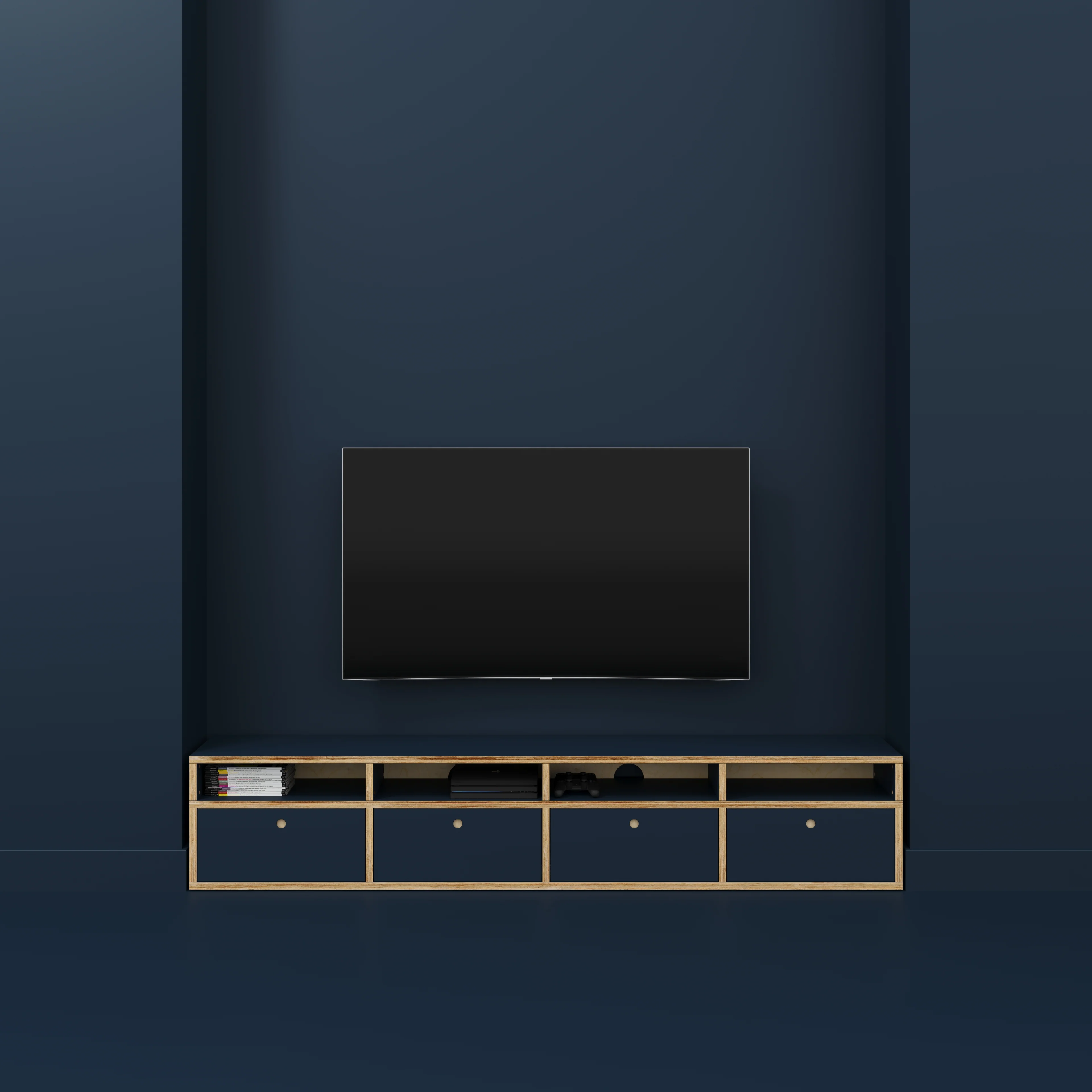 Plywood TV Entertainment Unit - Type 2 - Formica Night Sea Blue - 2400(w) x 400(d) x 450(h) - Image 2