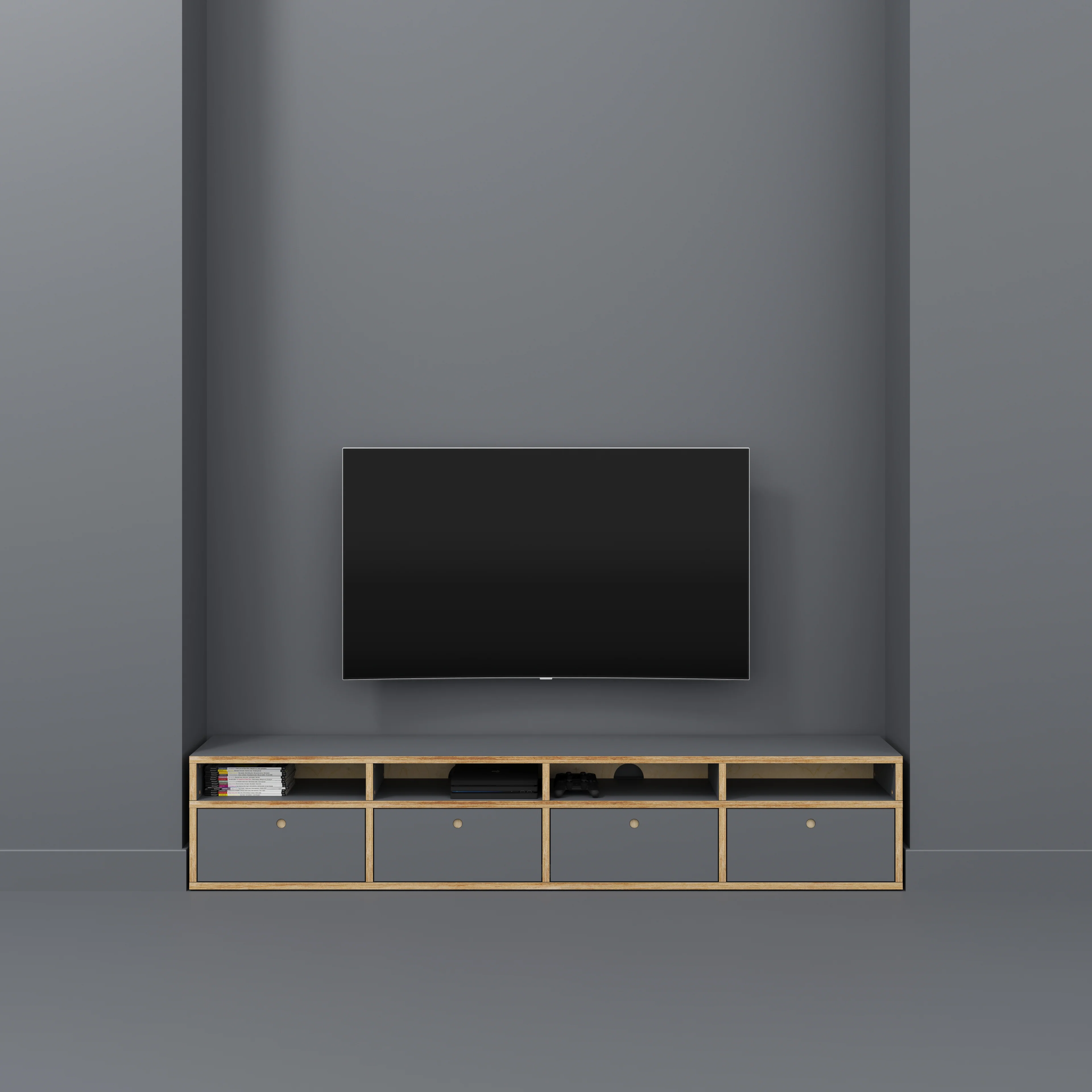 Plywood TV Entertainment Unit - Type 2 - Formica Tornado Grey - 2400(w) x 400(d) x 450(h) - Image 2